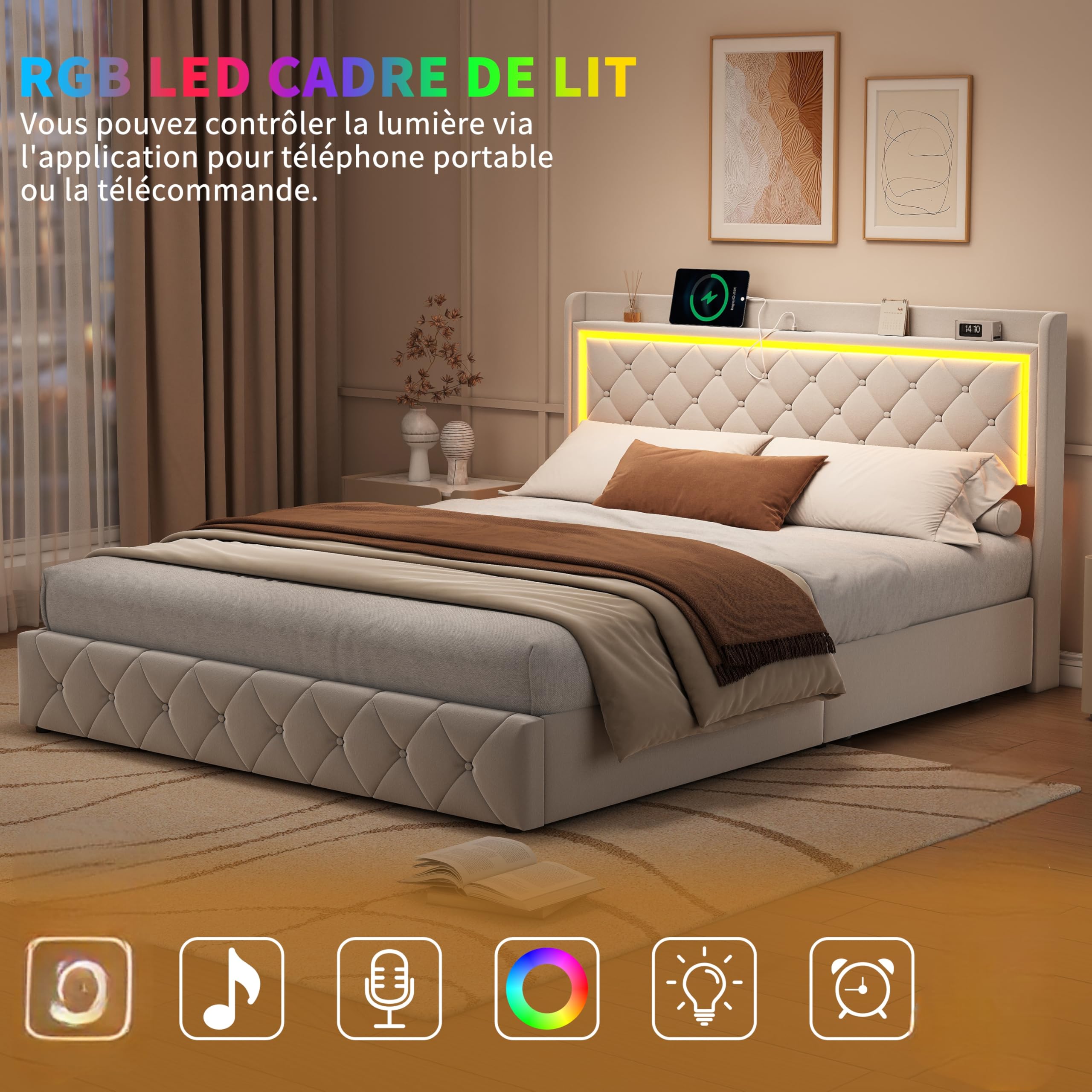 Cama Tapizada 140x190 con almacenaje,Cama Matrimoniales con 4 Cajones Cama Doble con Somier Cama Acolchada con USB y Luz LED Marco de Cama con Cabecero Cama Juvenil, Terciopelo Beige, Sin Colchón