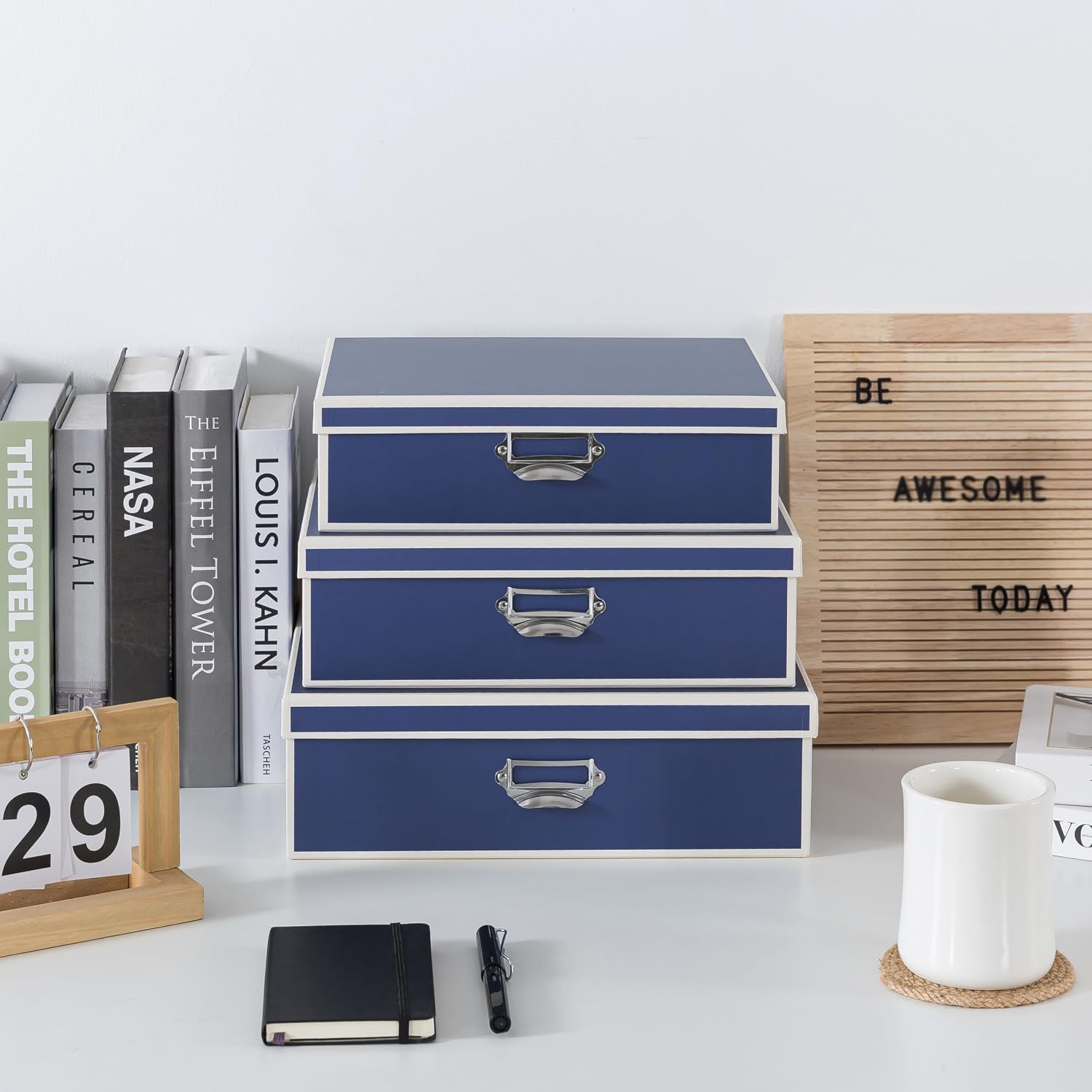 Soul & Lane - Decorative Storage Boxes with Label Holders, Set of 3, Blue image 2