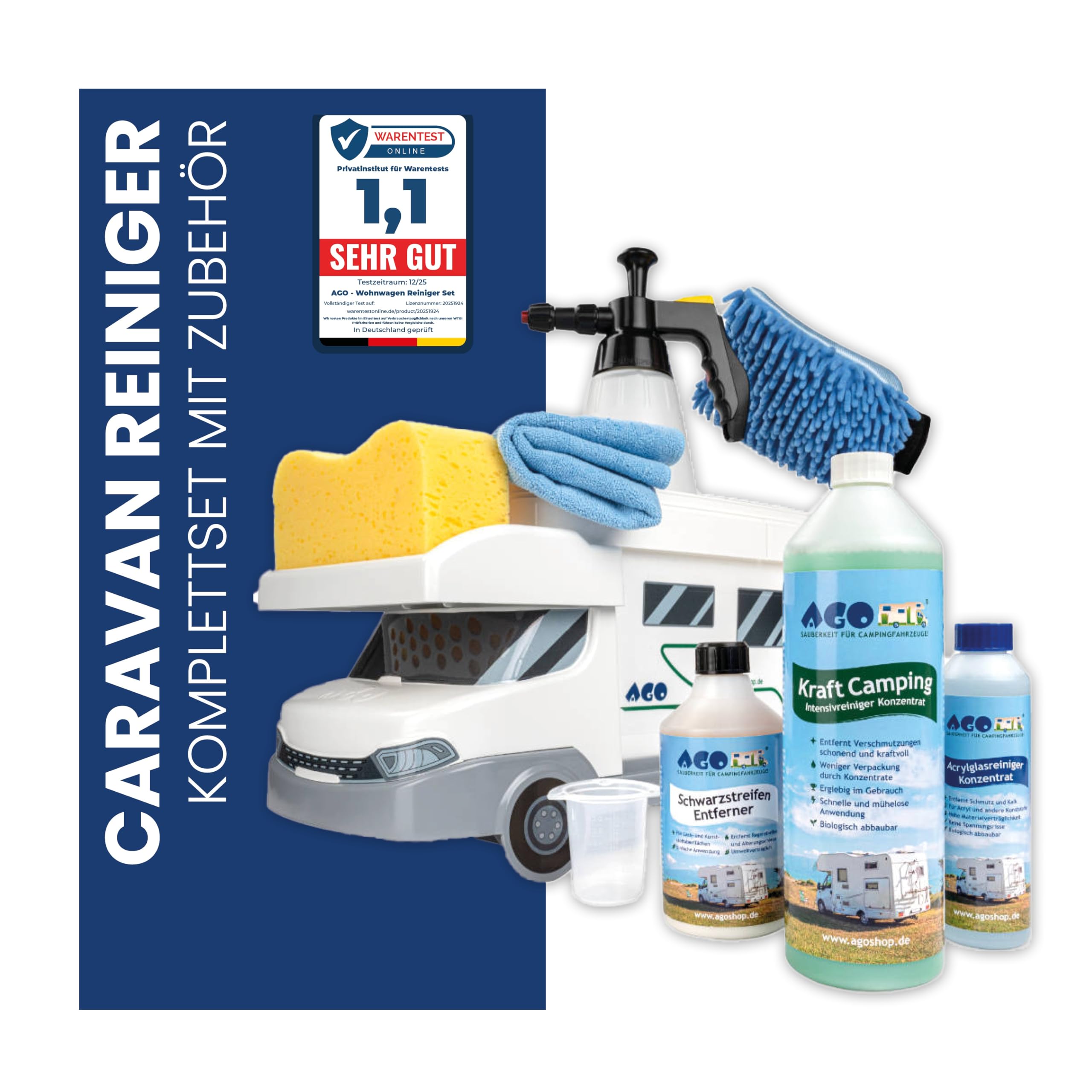 AGO Caravan Reiniger Komplett Set 9-teilig/Intensiv Wohnwagen Reiniger außen, Acrylglas Reiniger & Schwarzstreifen-Entferner/Inklusive Eimer und weiterem Putzzubehör