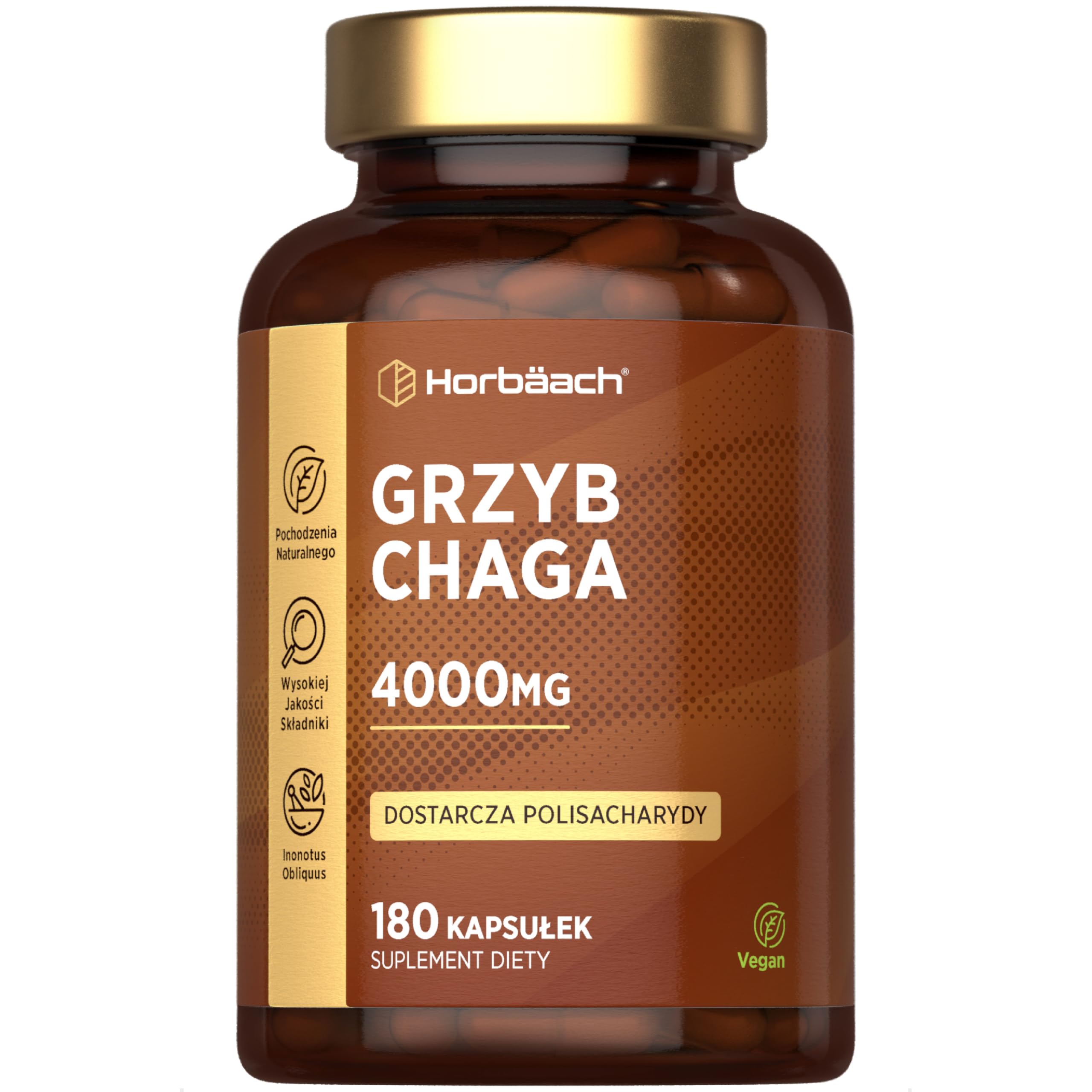 Chaga Grzyb Kapsułki 4000mg | Błyskoporek Podkorowy lub Chaga (Inonotus obliquus) | Naturalnego Pochodzenia | 90 Wegańskich Kapsułek | marki Horbaach