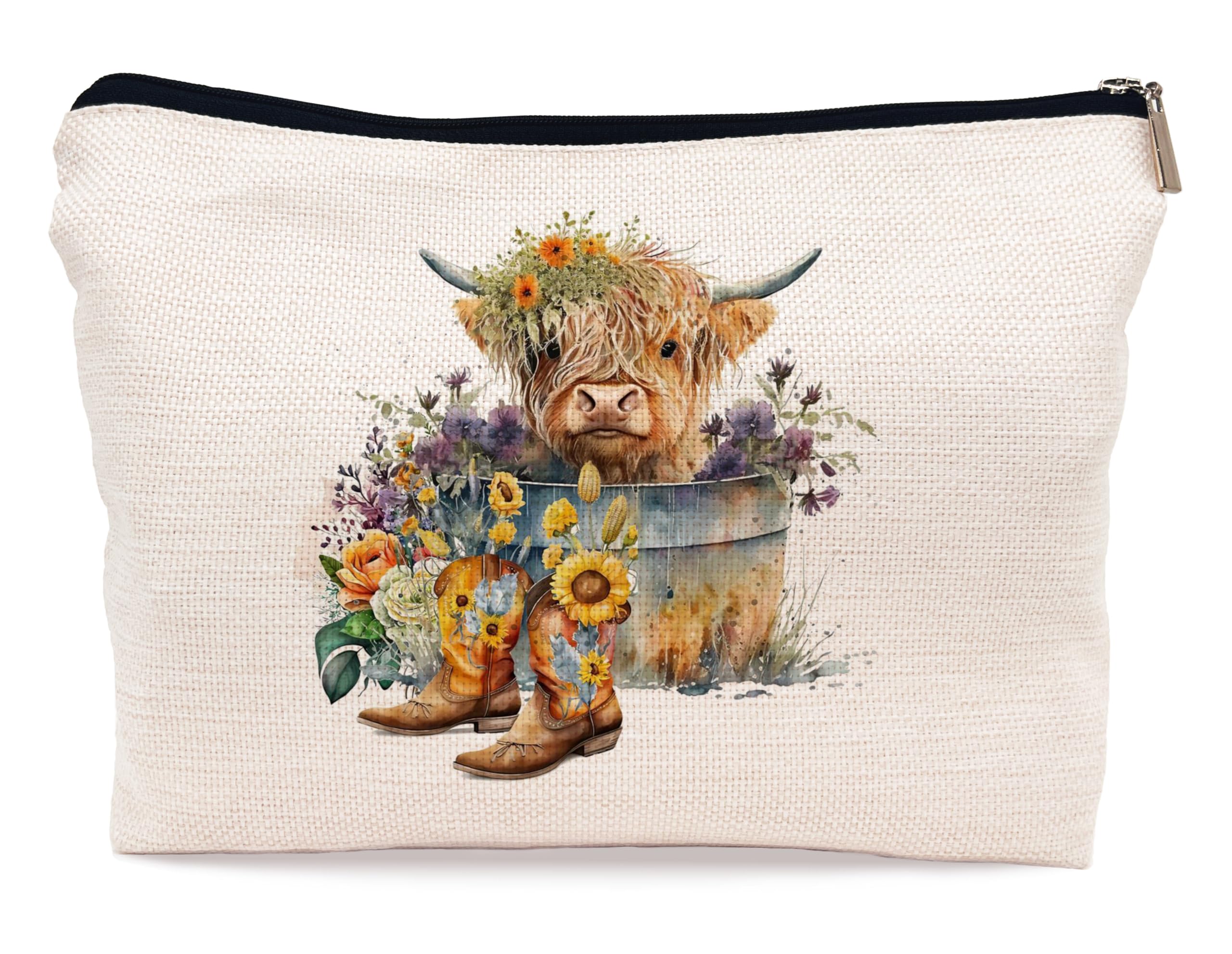 Ayxvt Highland Cow Makeup Bag - Spring Western Cosmetic Bags For Women, Summer Sunflower Floral Cowboy Boot Makeup Bag, Cow Gifts
