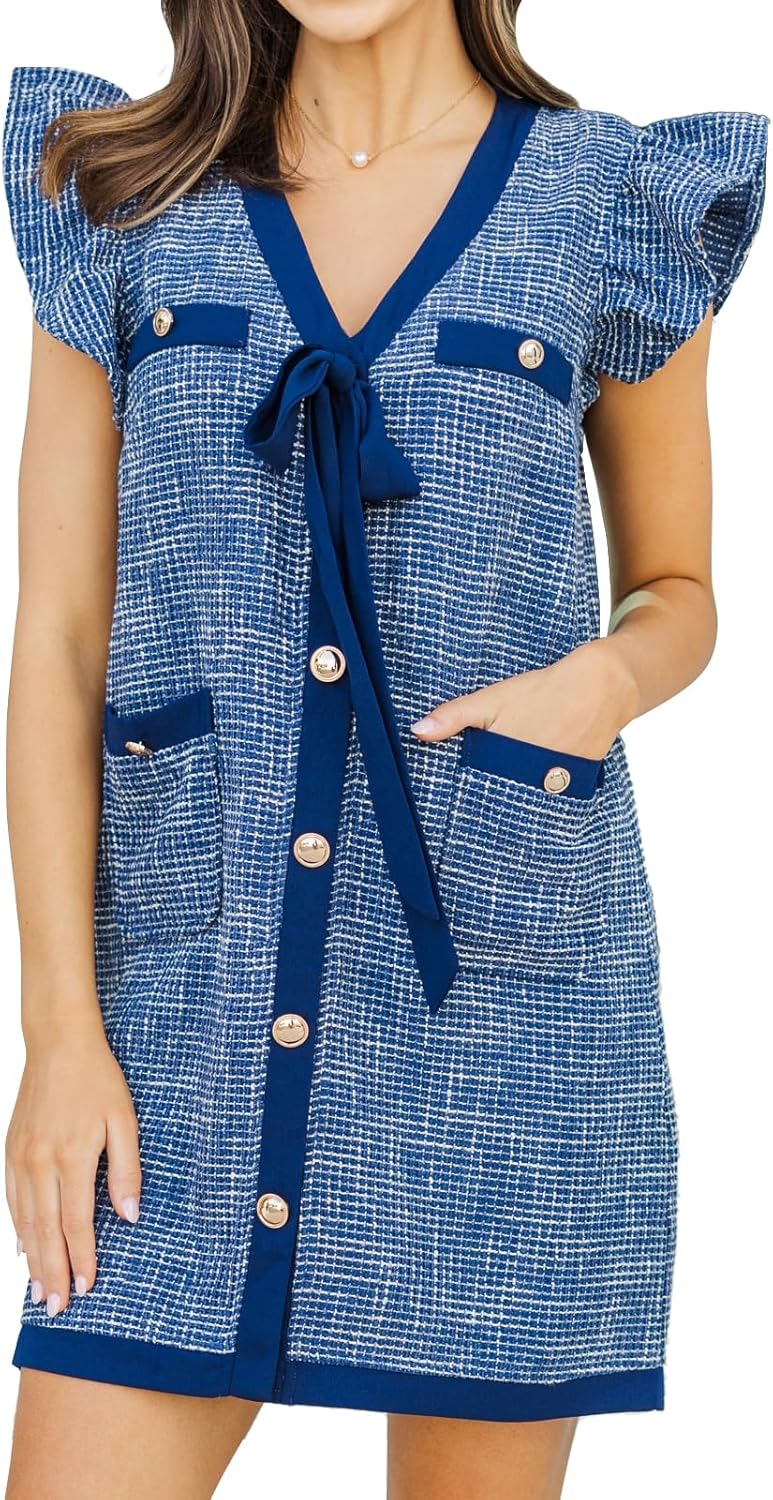 Bonnorth Womens Ruffle Cap Sleeve Mini Tweed Dress V Neck Button Down Bow Tie Business Work Shift Dresses with Pockets