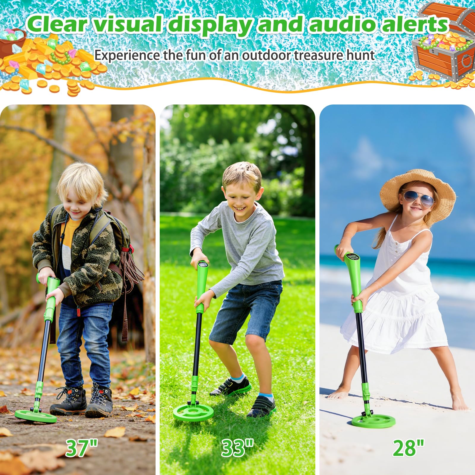 Detector de metales para niños, Detectores de metales de alta precisión con pantalla LCD, detector de metales ligero para niños con mango ajustable, bobina de búsqueda de 6 '' impermeable para