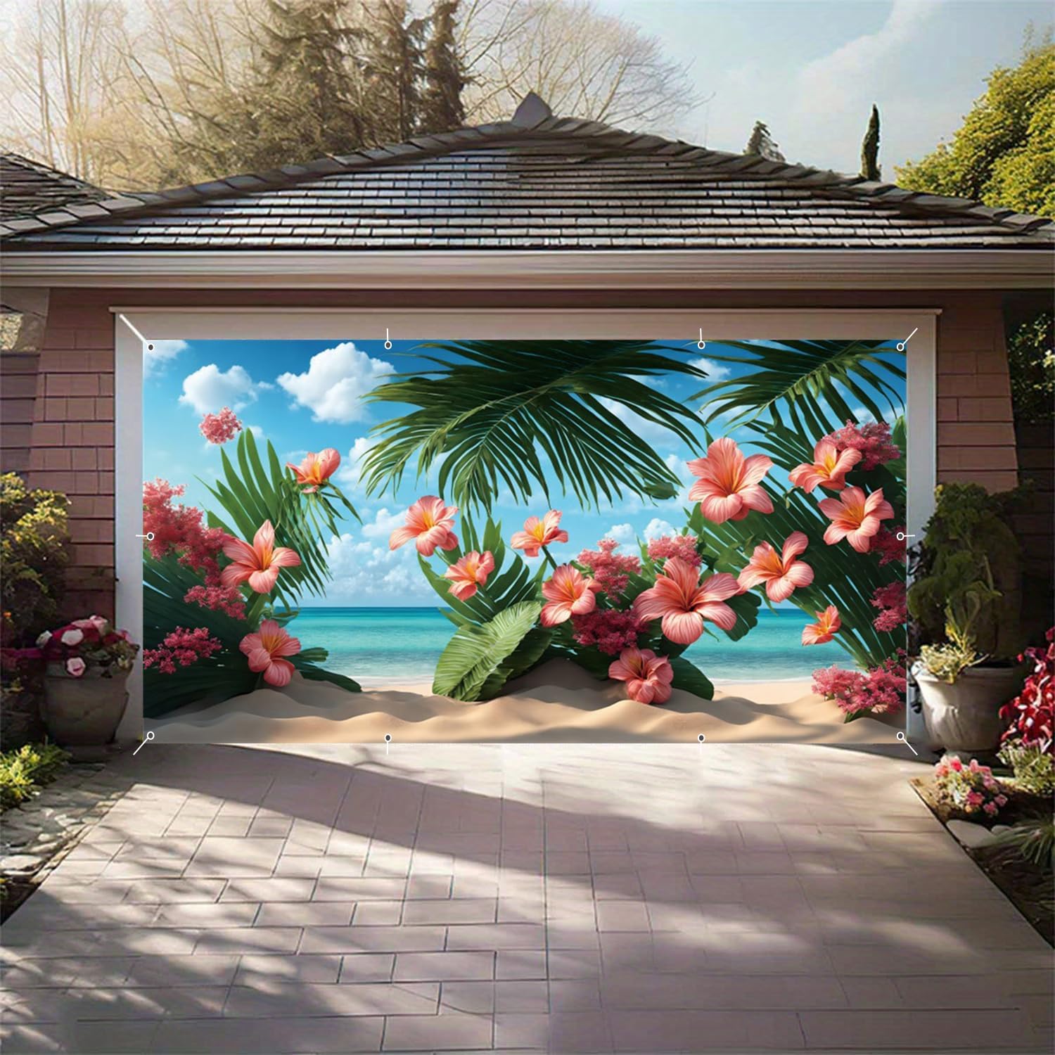Beach Garage Door Cover 7x16ft Blooming Flowers Tropical Palm Leaves Summer Garage Door Decorations for 2 Car Floral Backdrop Large Hawaiian Garage Door Banner for Party Supplies