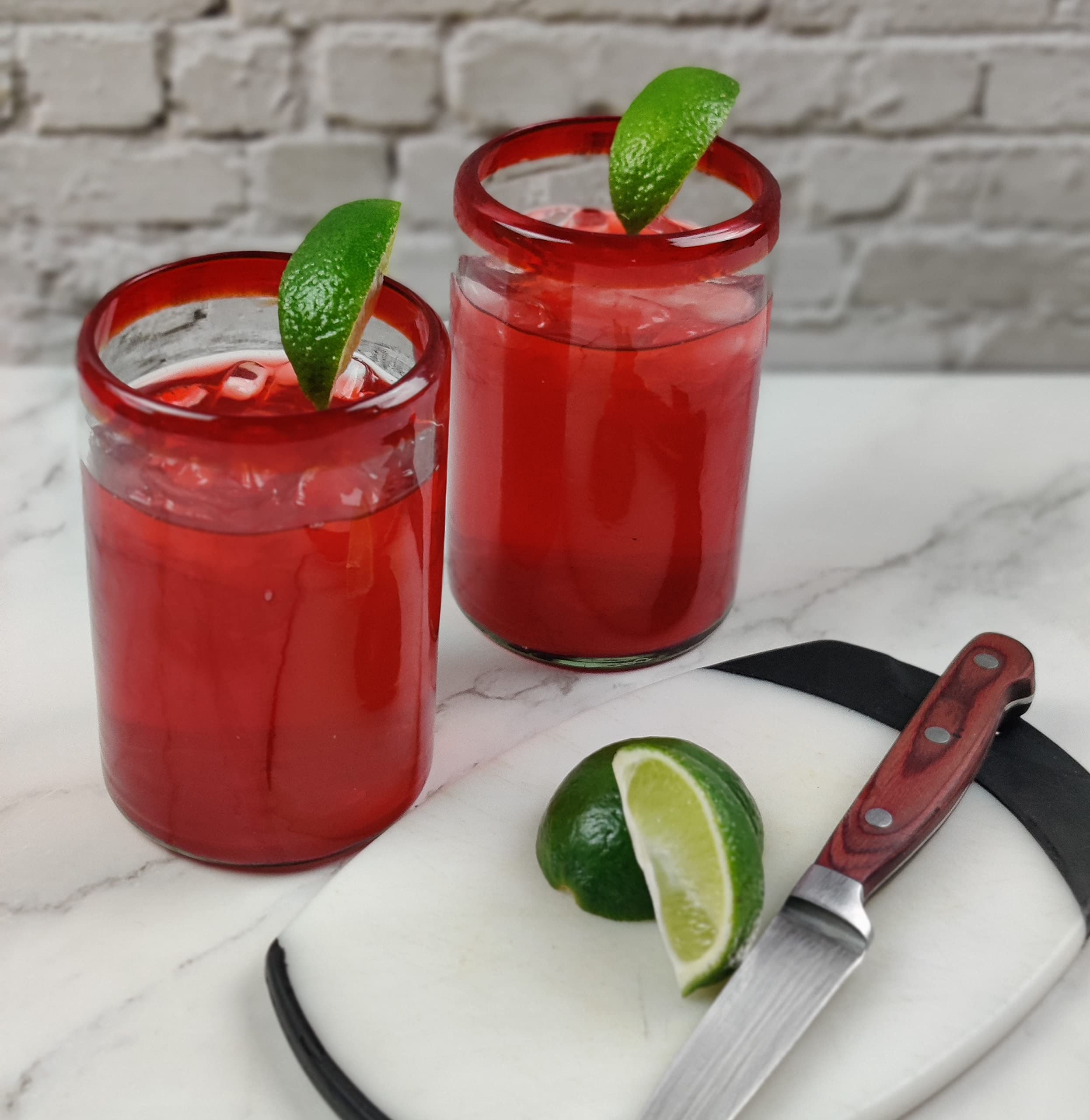 Dos Sueños Vasos mexicanos soplados a mano, juego de 6 vasos con bordes rojos (14 onzas cada uno)