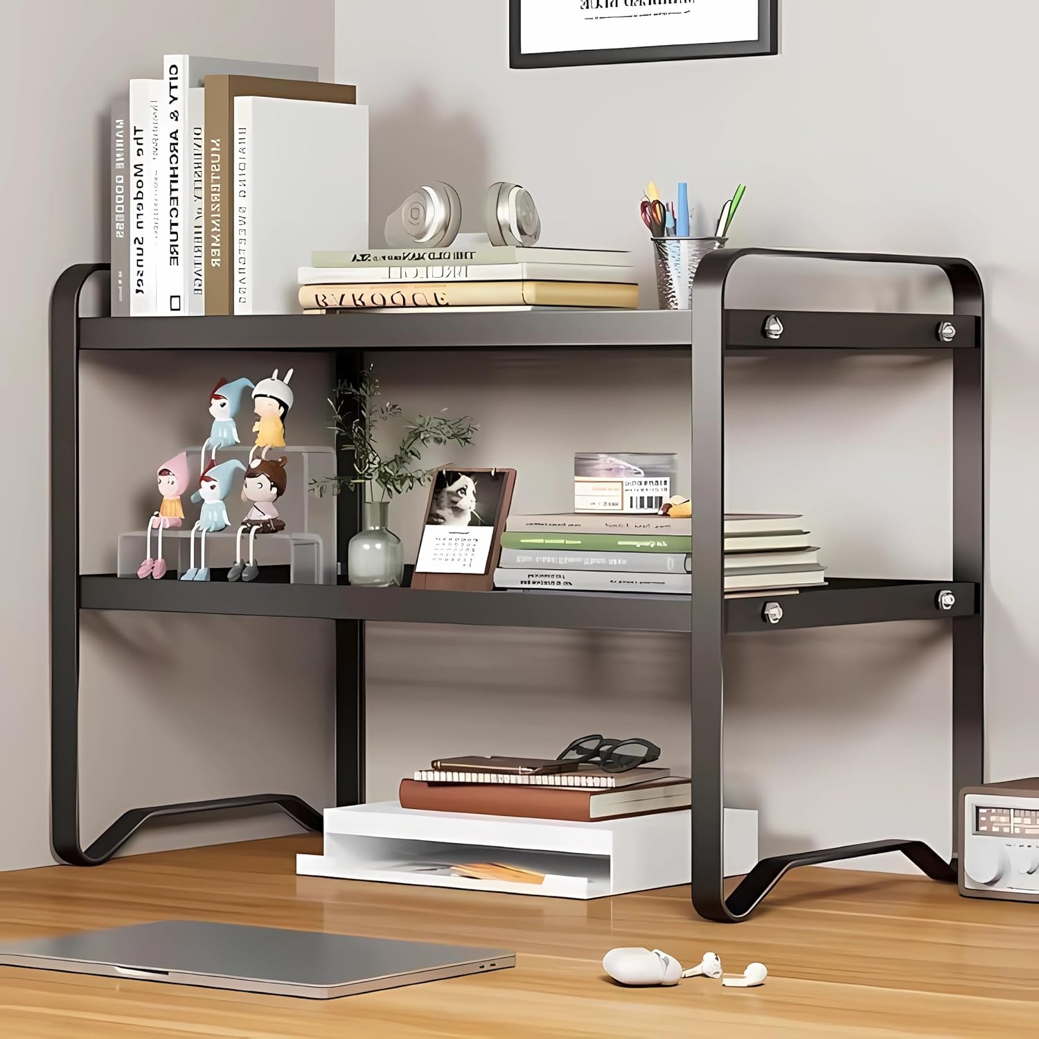 Hbluefat Metal Desktop Shelf Organizer, Small Desk Bookshelf for Home Office, Table Top Storage Shelf, Multipurpose Metal Desk Organizer for Books, Office Supplies, Home Decor (Black, 2 Tier)