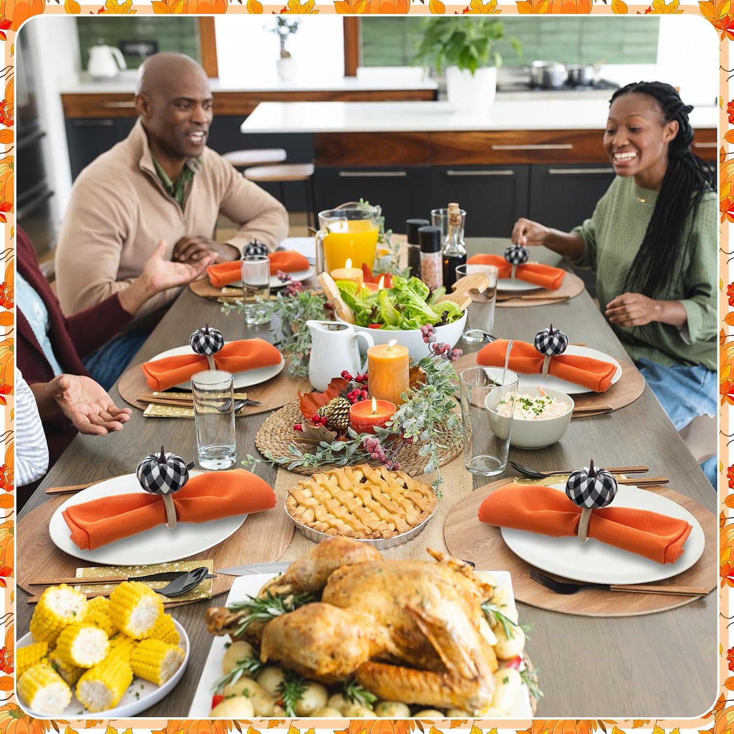 Remerry Fall Thanksgiving Napkin Rings Set of 24 Pumpkin Ring Holders with Fall Cloth Themed for Autumn Dinner Table Setting Wedding Decoration(Orange,Plaid)