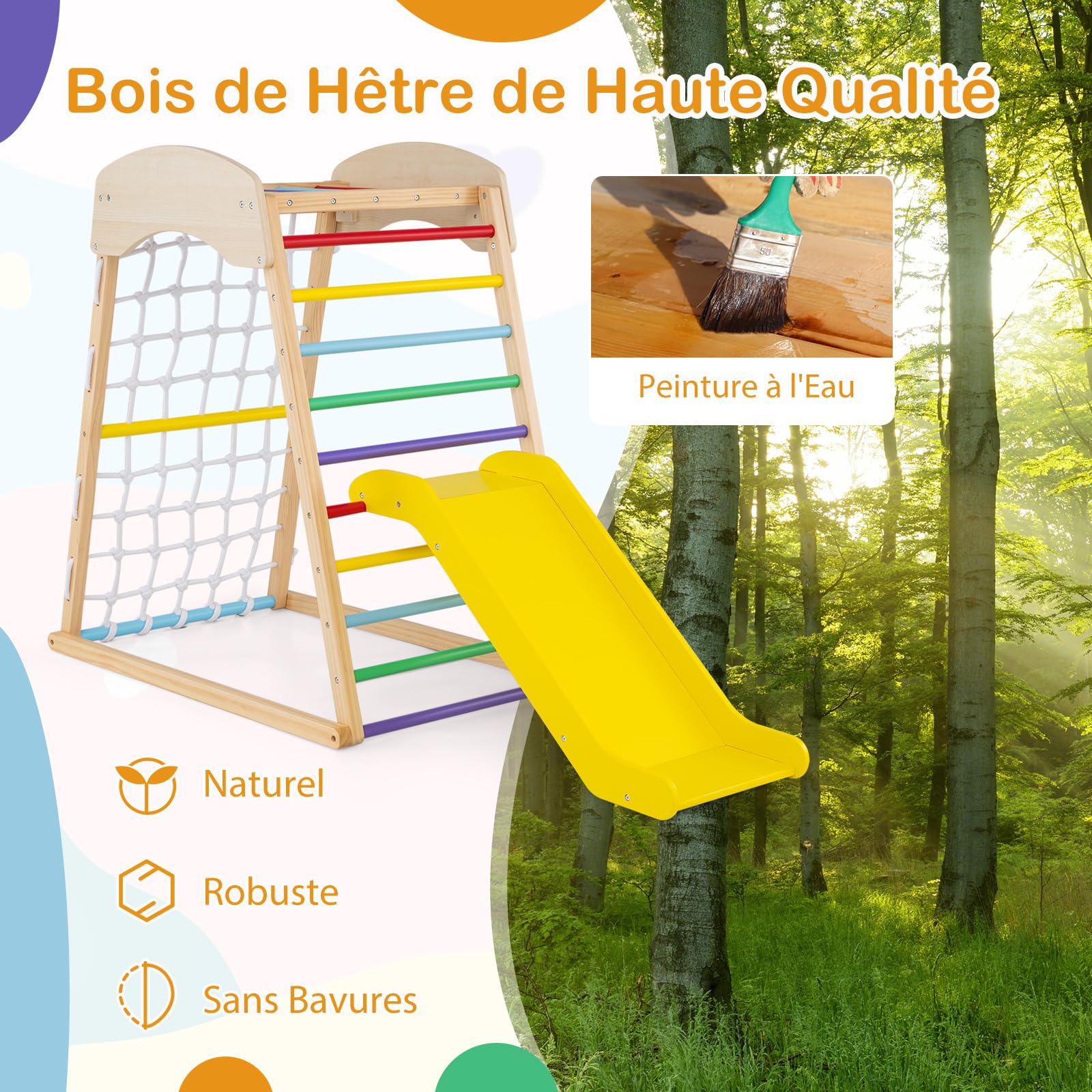 COSTWAY 4 en 1 Triangle d'escalade Montessori en Bois Enfants avec Toboggan, Aire de Jeu d’Escalade Intérieur avec Filet & Échelle d'escalade Montessori, Charge 50kg pour Bébé de 1 an+
