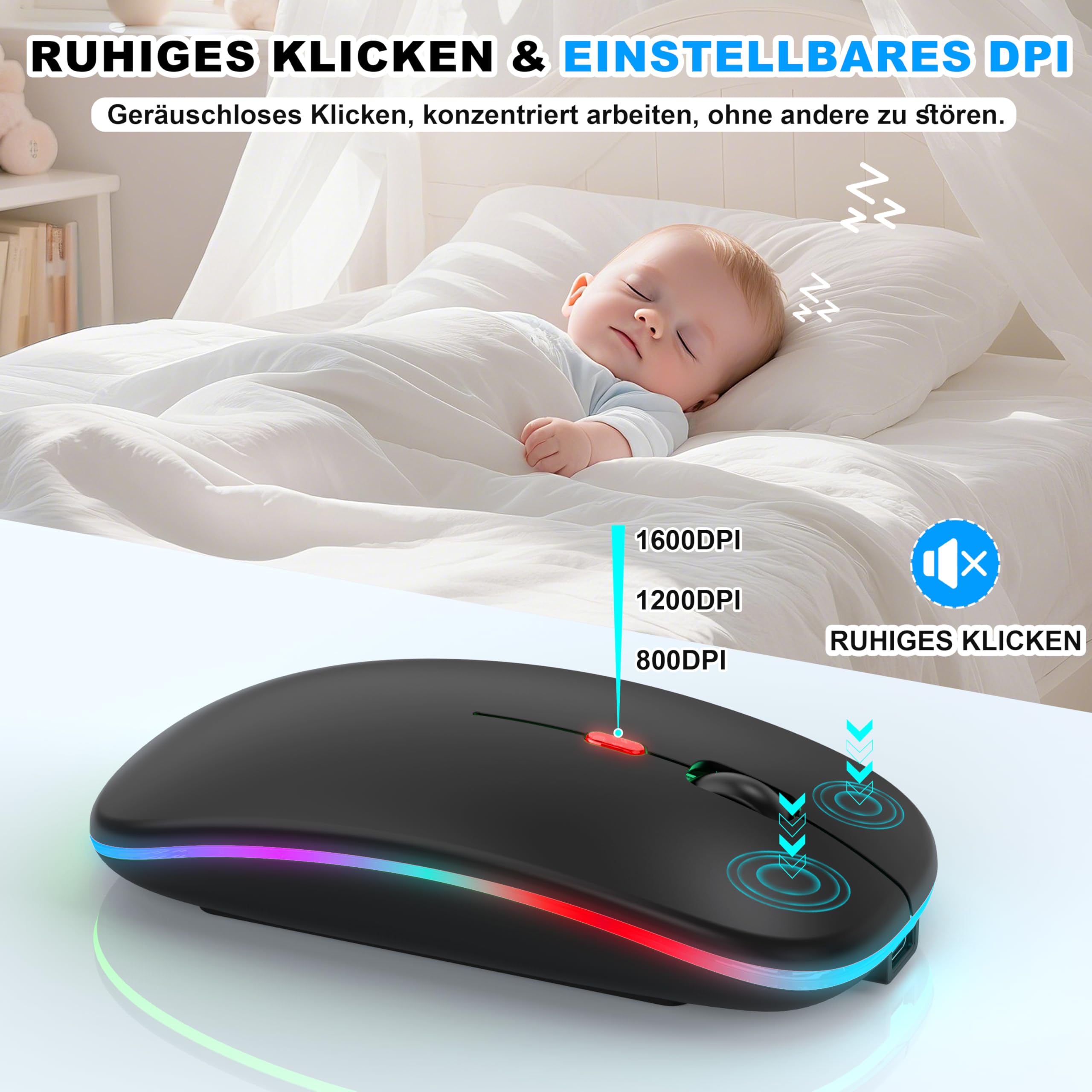 Mouse wireless con modalità jiggler – Bluetooth 5.2 & 2.4G radio per computer portatile, PC, iOS, Android, iPad e Windows, LED a 7 colori e 1600 DPI ottico (Modalità Jiggler, Nero)