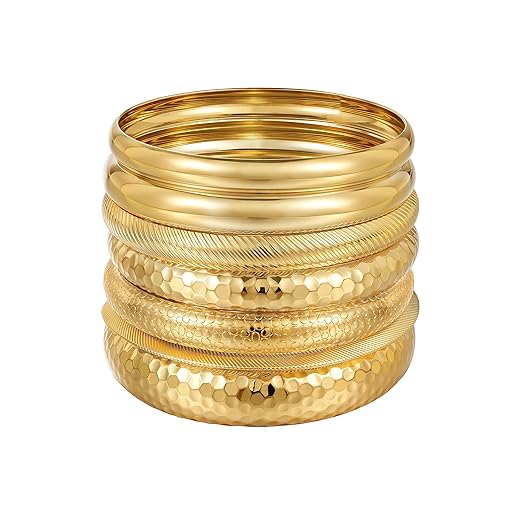YEEZII Gold Bangle Bracelets for Women, 7Pcs 14K Gold Plated Boho Indian Multi Stackable Textured Bracelets, Chunky Bangles Set for Women Jewelry Gifts