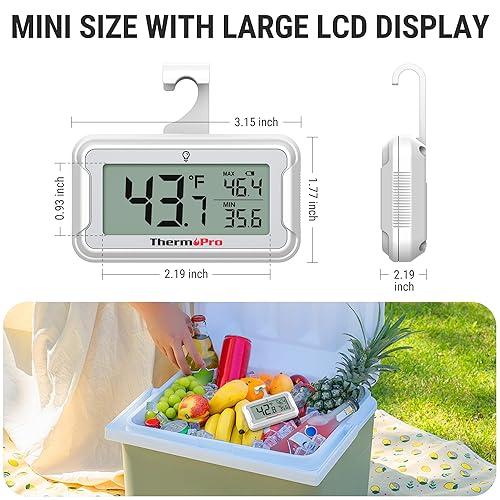 Miniatura 8 de ThermoPro Termómetro para refrigerador con gran pantalla LCD retroiluminada, impermeable, paquete de 2 con registro máximomínimo, fácil reemplazo de