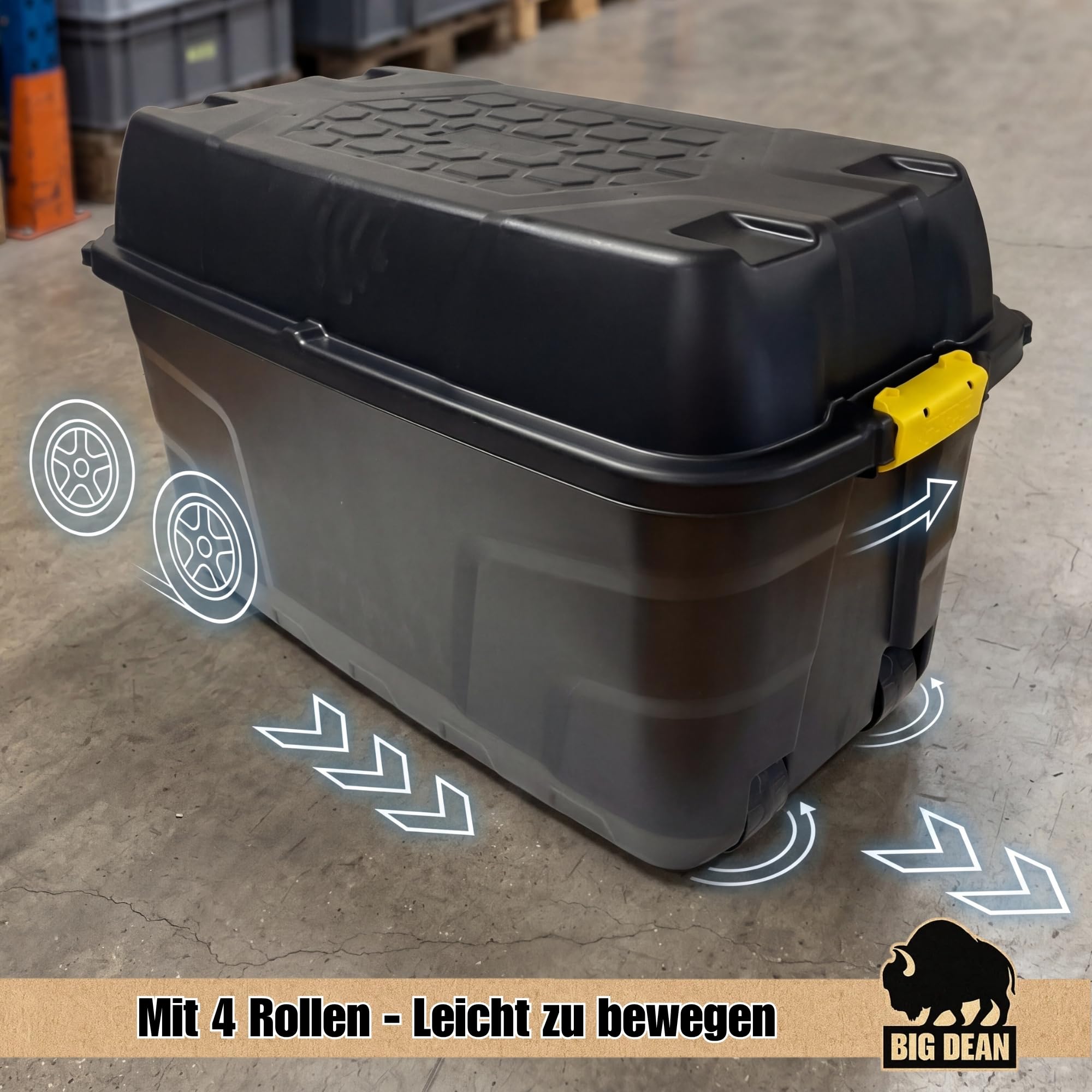 BigDean XXL Transportbox Kissenbox mit Nutzvolumen ca. 175 Liter 93x55x53cm | Aus Kunststoff in Schwarz mit Rollen und Deckel. Abschließbar. Maße BxTxH ca. 93 x 55 x 53 cm