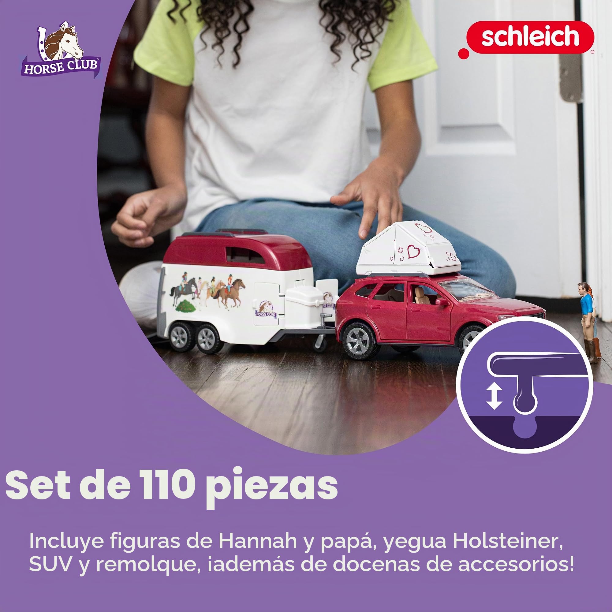 Schleich Horse Club | Aventura en Coche con Remolque para Caballos 42535 | con Hannah, su Padre, un Caballo y Accesorios | Regalo para niñas y niños | Juguete Desde 5 años | Set de 110 Piezas