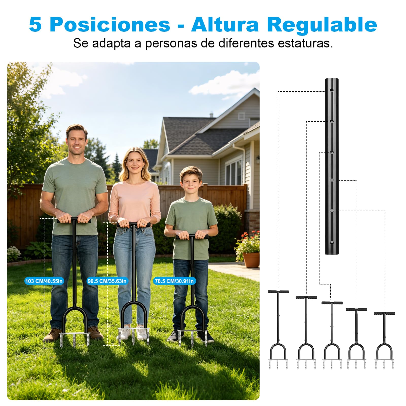 Aireador de césped manual de 3 agujeros con altura ajustable y mango de espuma NBR – Ventilador de núcleo de acero de alta resistencia para aflojar el suelo y el cuidado del césped (revestimiento