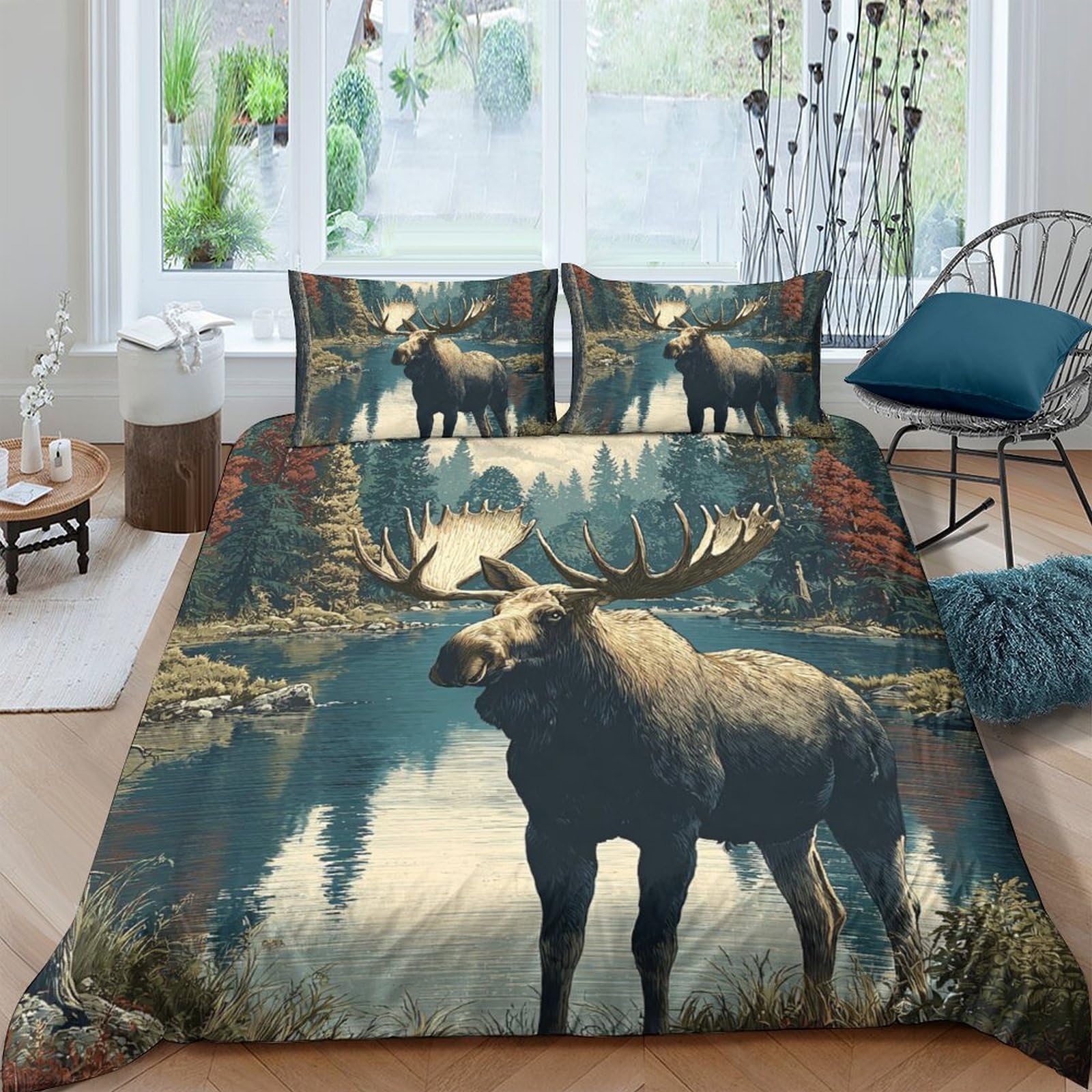 Ctjqhvkz Style-9 3D Printed Forest Elk Fitted Sheet Microfiber Soft Breathable Lake Moose Mattress Cover For Bedroom Guest Room Decor Single（135X200cm）