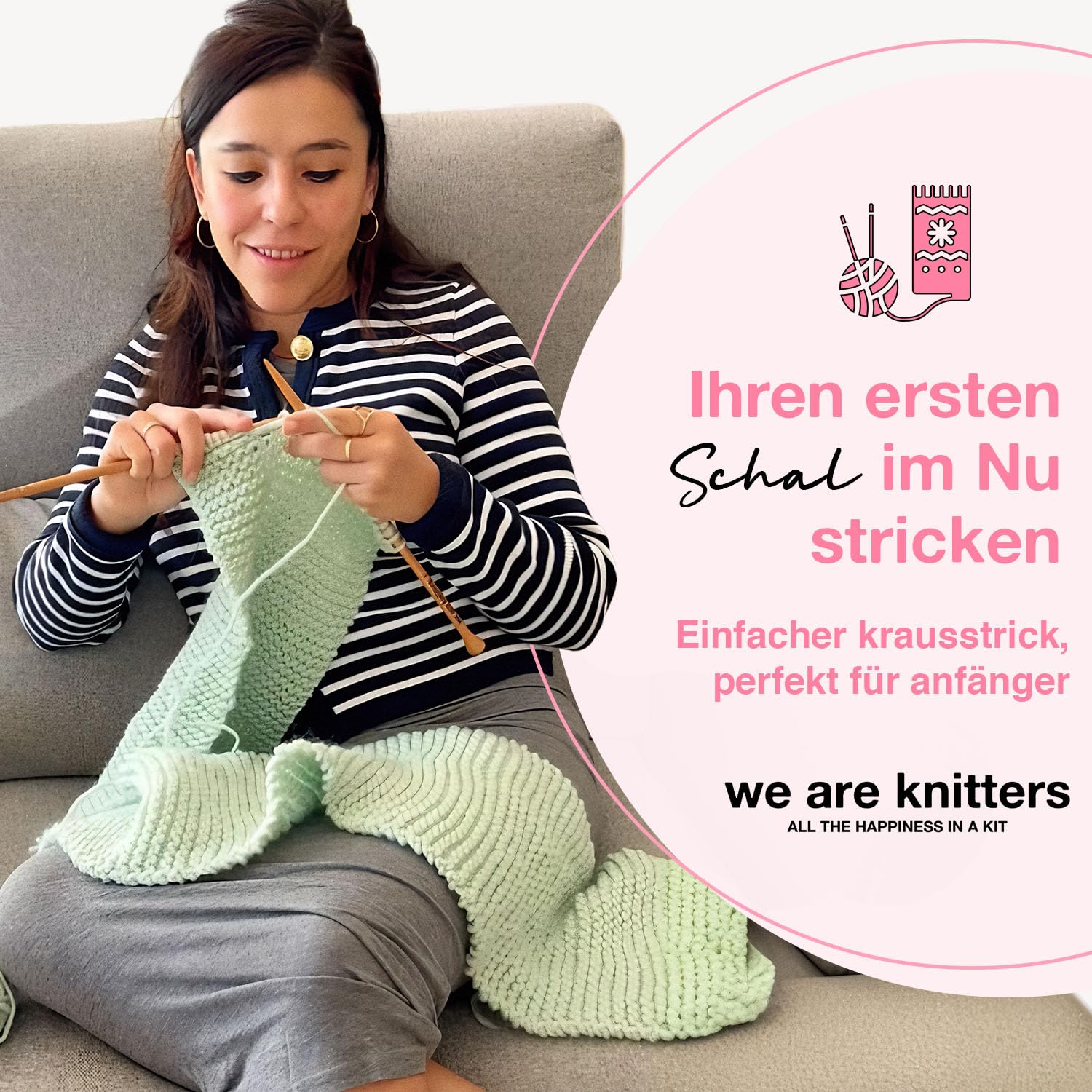 We Are Knitters Dinka Scarf Kit, Strickset für Anfänger mit Wolle und Anleitung, Stricken für Anfänger Set, Komplettes DIY Schal Set mit Nadeln & Label aus 100% natürlicher Wolle
