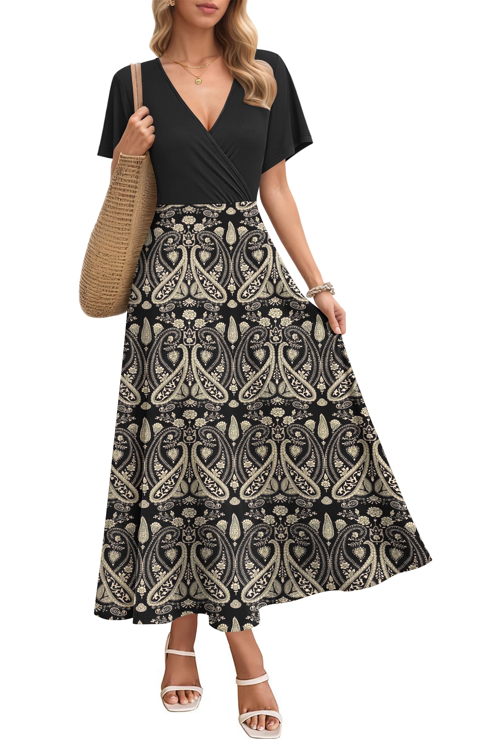 AUSELILY Maxikleider Damen Sommer Kleid Lässig Hohe Taille Lockere Passform Mit Taschen