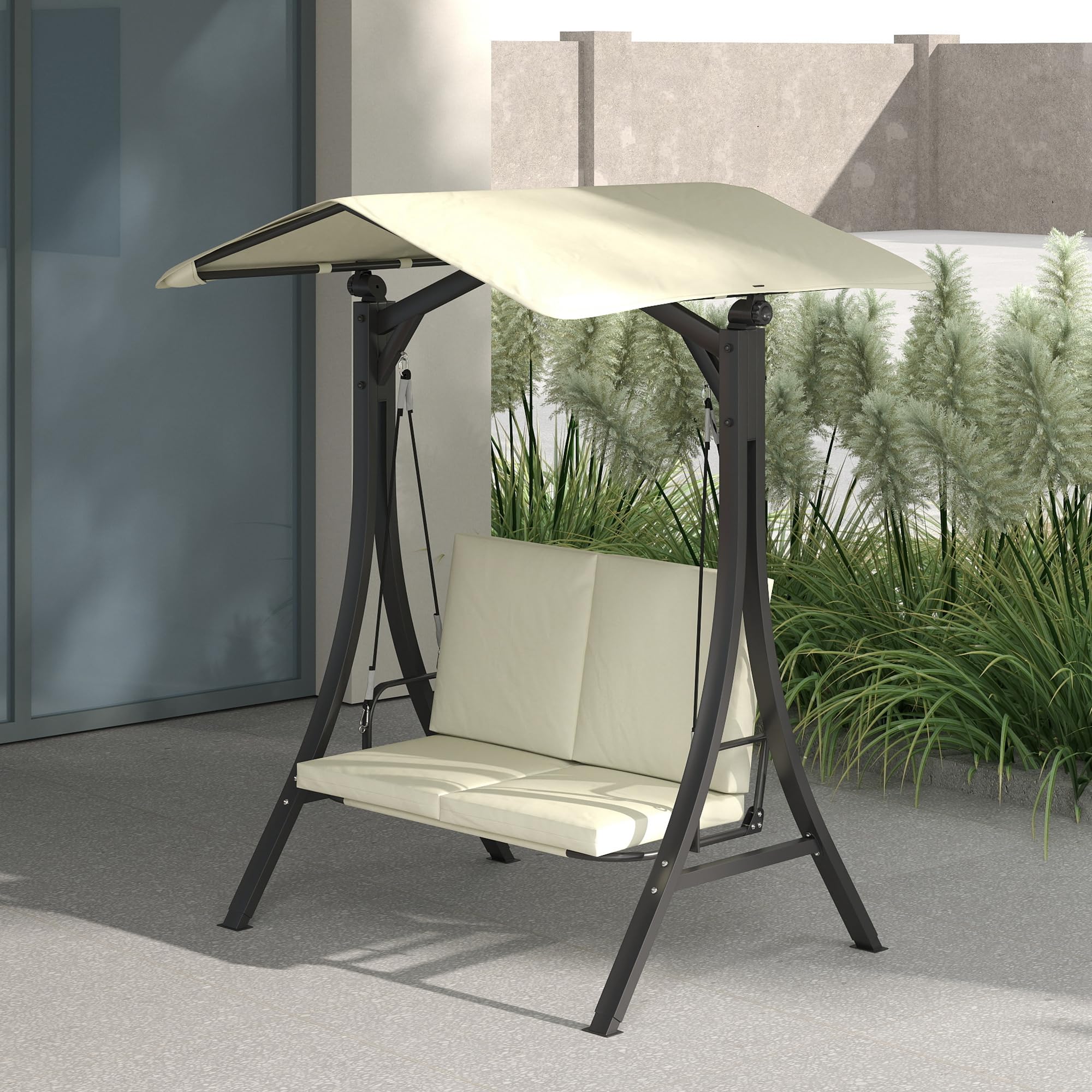 Outsunny Hollywoodschaukel mit verstellbarem Sonnendach Sitzauflage, 2-Sitzer Gartenschaukel belastbar bis 220kg, UV 30+ Schaukelbank für Garten, Terrasse, 150x120x182cm, Cremeweiß