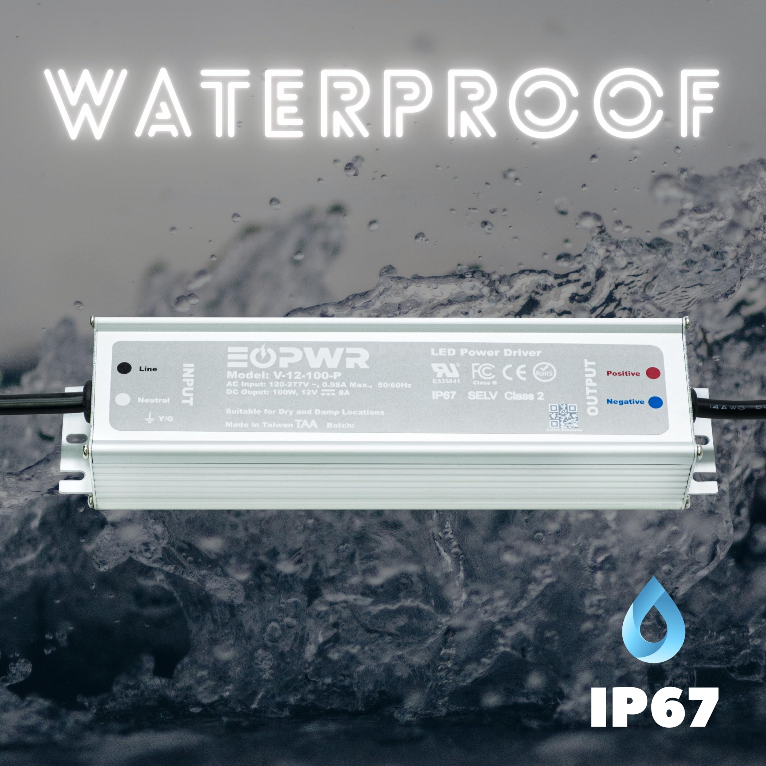 100W Waterproof LED Driver IP67 – 12V DC Power Supply For Outdoor LED Lights, Strips, Signs – 120-277V AC Input