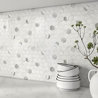 BeNice Peel and Stick Backsplash Kitchen Tile,Shower Backsplash Shower Tiles Peel and Stick Waterproof Tile Stickers Peel and Stick Hexagon Tile Bathroom Stick Tiles (10sheets) Carrara White
