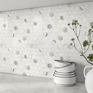 BeNice Peel and Stick Tiles Backsplash,Stick on Kitchen Bathroom Wall Tiles Hexagon Adhesive Mosaic Waterproof(5sheets) White