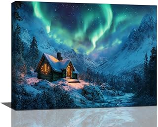 Kylora Aurora Borealis Wall Art, Northern lights Pictures Wall Decor, Cabin Painting, Winter Scenery Canvas Prints, Framed Artwork for Bathroom Bedroom Living Room Office Home Decoration 16''x12''