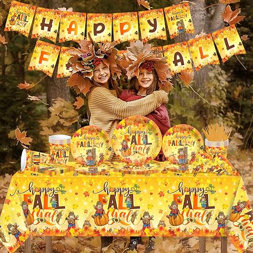 Miniatura 5 de Juego de 142 platos y servilletas de Acción de Gracias, decoración de fiesta de espantapájaros, vajilla desechable, hojas de arce, cosecha de