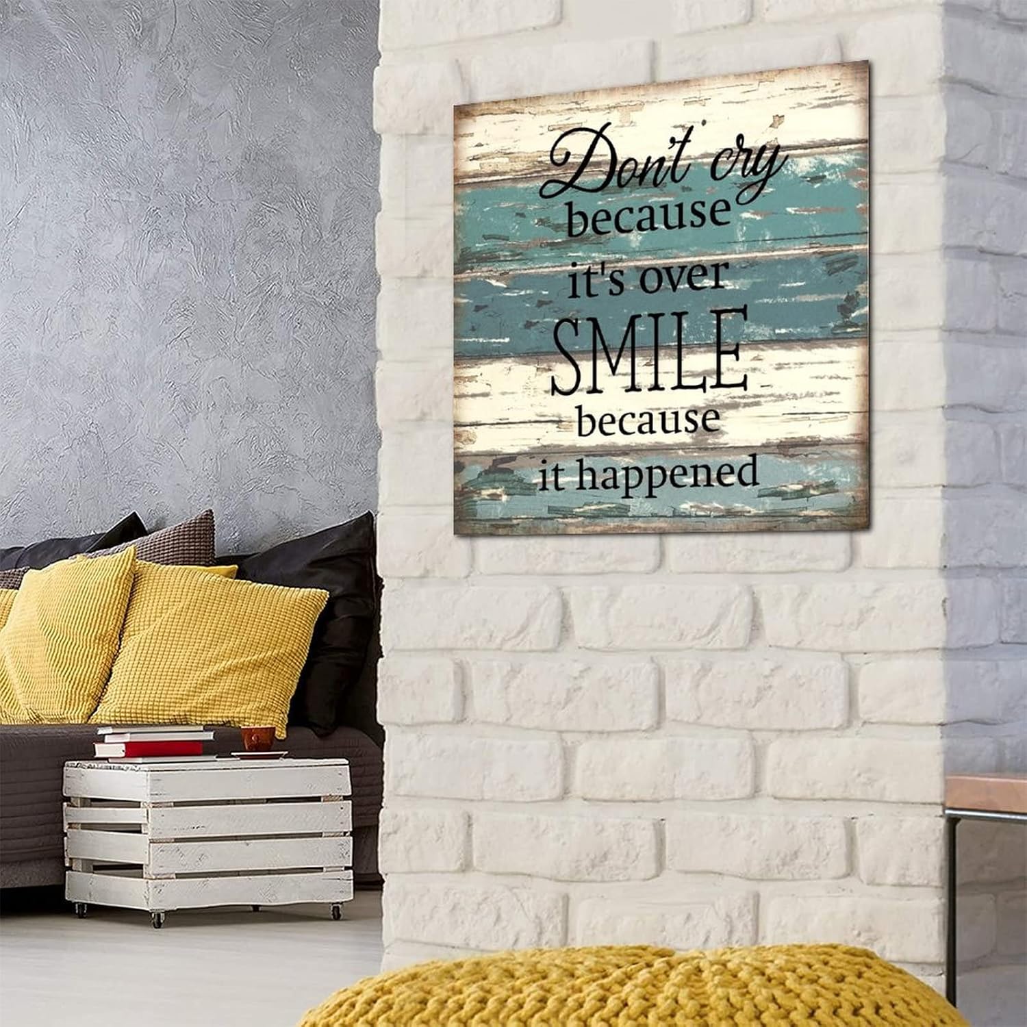 Country Rustic Style Wood Sign Motivational Quote Don't Cry Because It's over Smile Because It Happened Wall Hanging Wooden Plaque for Porch Living Room Kitchen Farmhouse Office Decor 16x16in