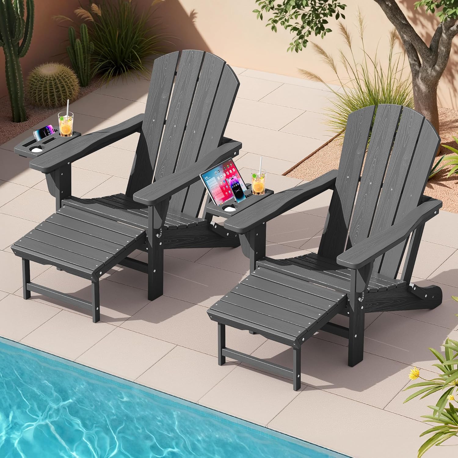 KINGYES Folding Adjustable Adirondack Chair with Ottoman & 2 Cup Holders Set of 2, HDEP Adirondack Chair with Footrest, Grey