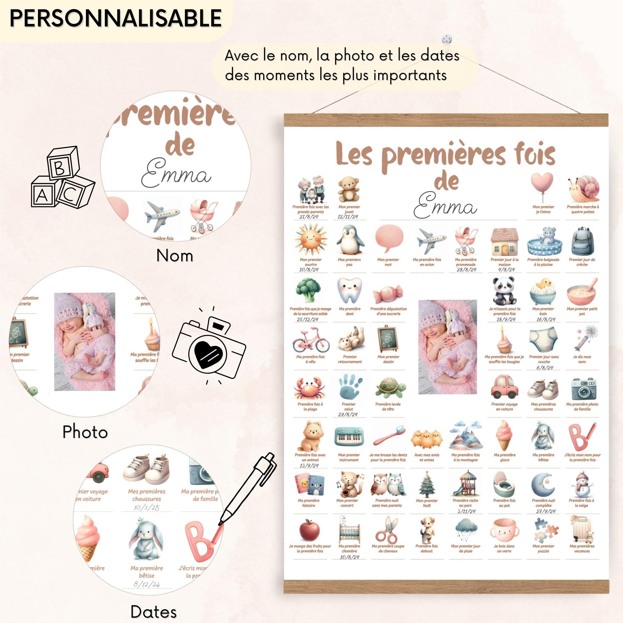 HuBorns - Affiche Mes Premieres Fois Bebe pour Rappeler des Étapes Importantes, Tableau Mes Premières Fois Bébé à Personnaliser, Inclus Bandes Bois pour Accrocher, Parfait comme Cadeau Bebe Naissance