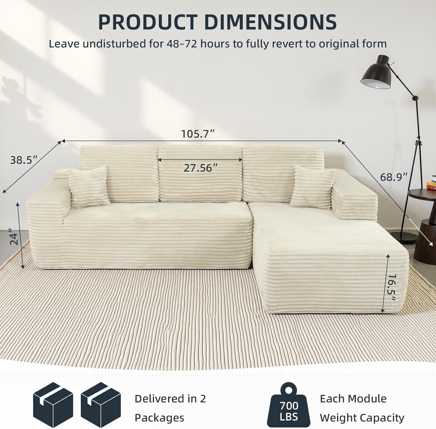 Rovibek 105" Boneless Couches for Living Room, Beige Couch with Chaise, Modular Sectional Sofa with Throw Pillow & Deep Seat, No Assembly Required Compressed Sofa