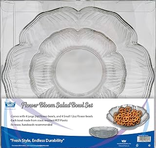 Maryland Plastics 8 PCS Flower Bloom Salad Bowl Set | 4 Large 64 oz Bowls | 4 Small 12 oz Bowls | PET Disposable - Reusable party wedding plates. (Clear)