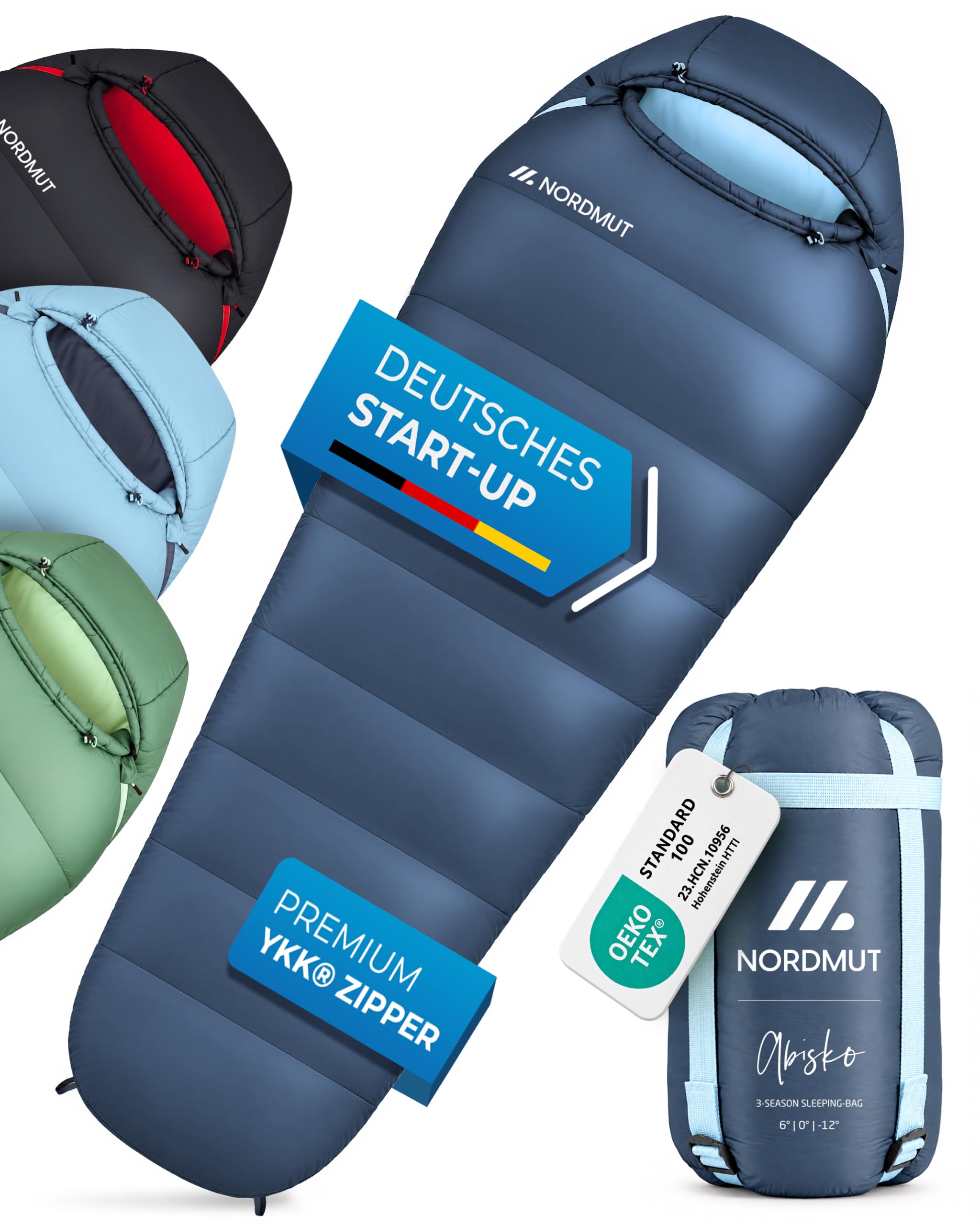 NORDMUT® Schlafsack Ultraleicht – Sommer (100 GSM) und 4-Jahreszeiten (300 GSM), Mumienschlafsack 900g, wasserfest, Camping, inkl. Kompressionsbeutel (3-Jahreszeiten Schlafsack, Marine)