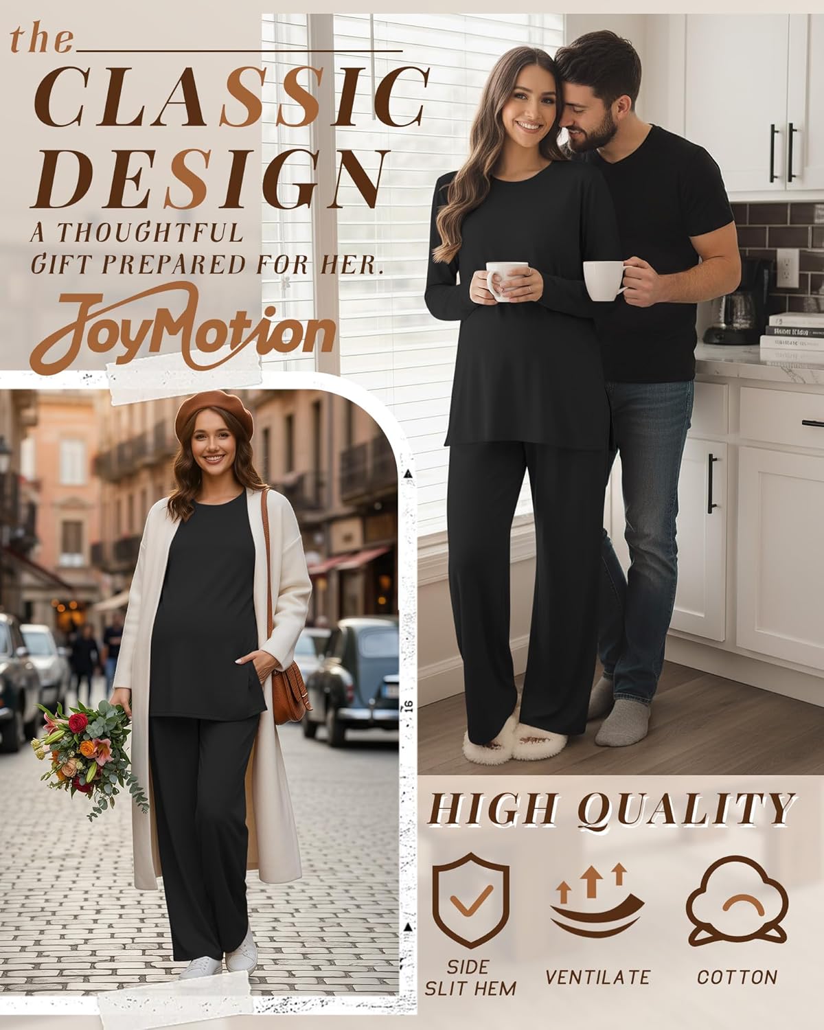 Women's Maternity Lounge Sets 2 Piece Knit Pajamas Long Sleeve Side Slits Top Adjustable Pant Pregnancy Outfit - Image 2