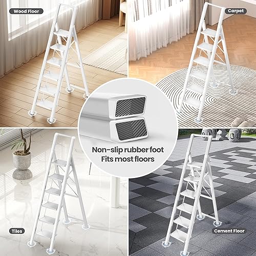 Vista 75 de Escalera de 4 escalones, taburete plegable con pedal antideslizante ancho y resistente, escalera de escalera de aluminio ligero y portátil, Dorado