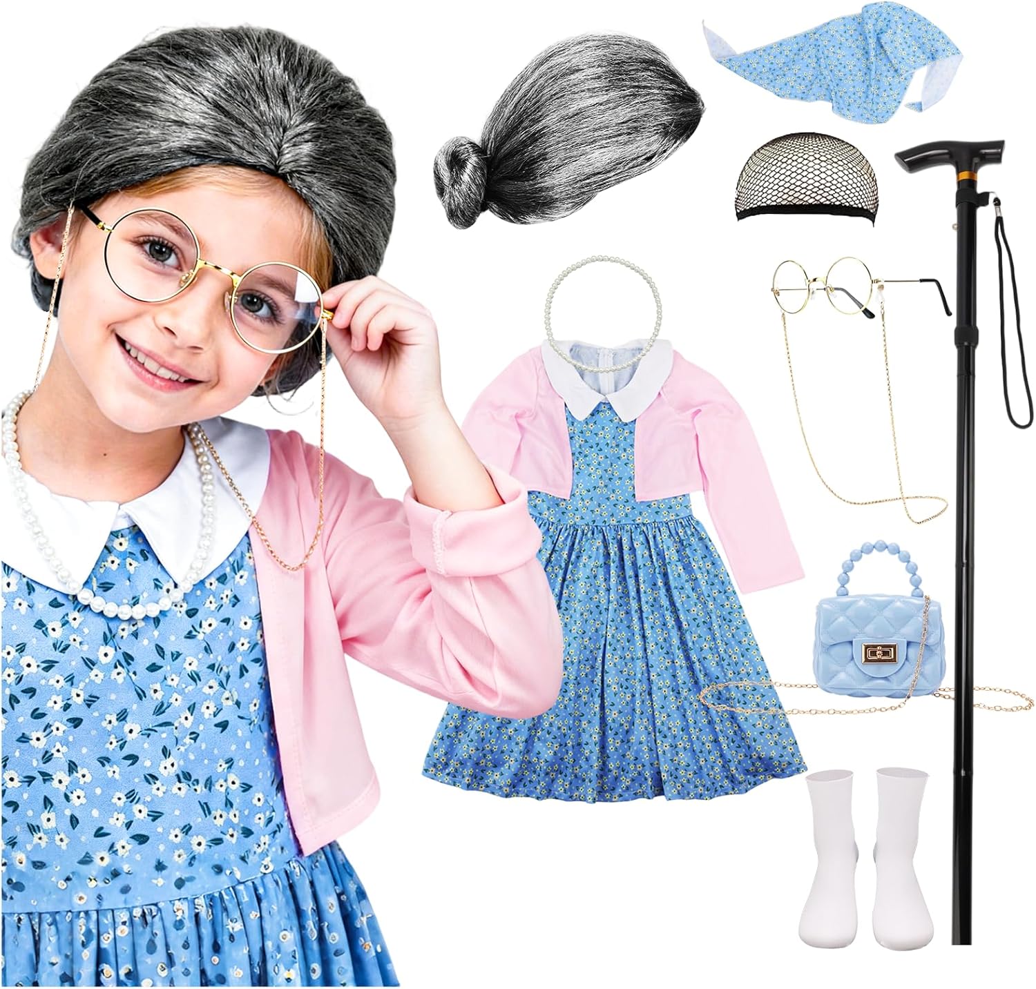 100 Days of School Old Lady Costume Grandma Dress Up Set for Girls Costumes Granny Outfit Kit