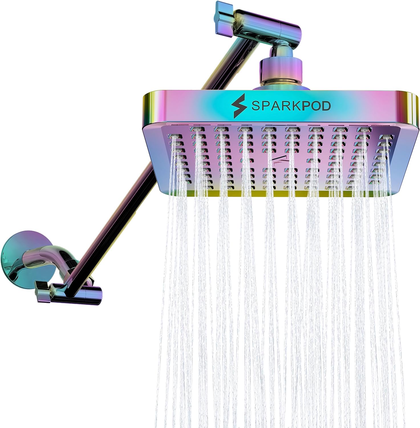 SparkPod Square Rain Shower Head with Shower Head Extension Arm - High Pressure Rain - Luxury Modern Look - No Hassle Tool-less 1-Min Installation (16" Shower Arm Extension, Radiant Rainbow)