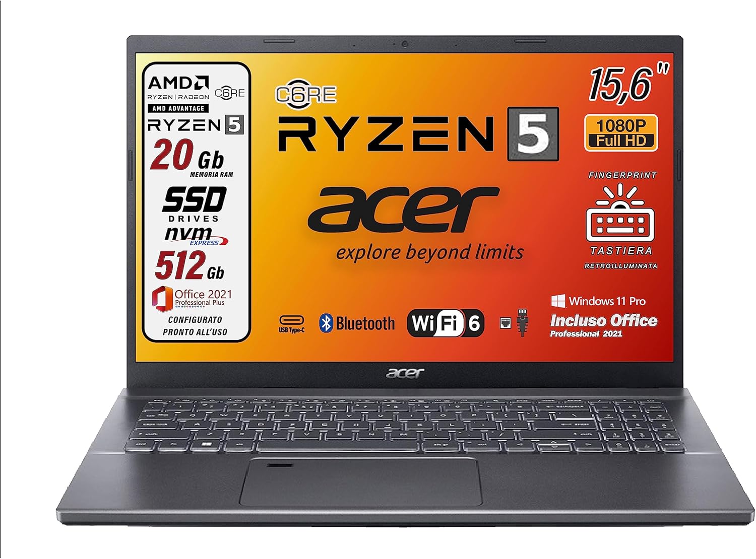 Acer portatile, AMD Ryzen 5 5625u, 6 Core Cpu, Ram 20 Gb DDR4, SSD 512 Gb Pci, Display 15.6 FHD, Tastiera QWERTY Retroilluminata, Fingerprint, WI-FI 6, Win 11 Pro, Suite Office , preconfigurato Acer portatile, AMD Ryzen 5 5625u, 6 Core Cpu, Ram 20 Gb DDR4, SSD 512 Gb Pci, Display 15.6 FHD, Tastiera QWERTY Retroilluminata, Fingerprint, WI-FI 6, Win 11 Pro, Suite Office , preconfigurato