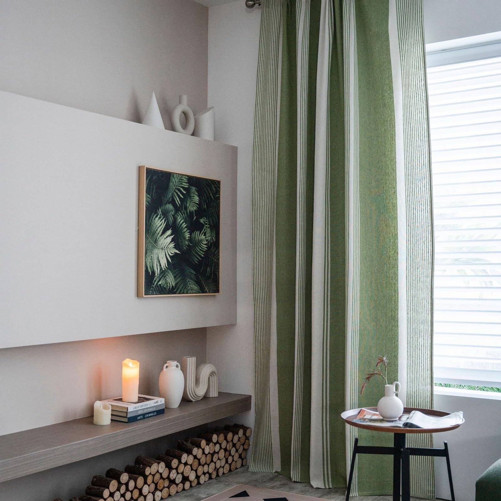 Rideaux anti-vis-à-vis vert blanc coton lin 300x180 cm à oeillets