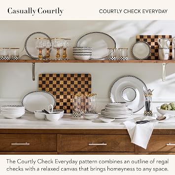 MACKENZIE-CHILDS Set of 4 Everyday Small Plates, Microwave-Safe and Dishwasher-Safe Stoneware Salad Plates, Black-and-White Courtly Check