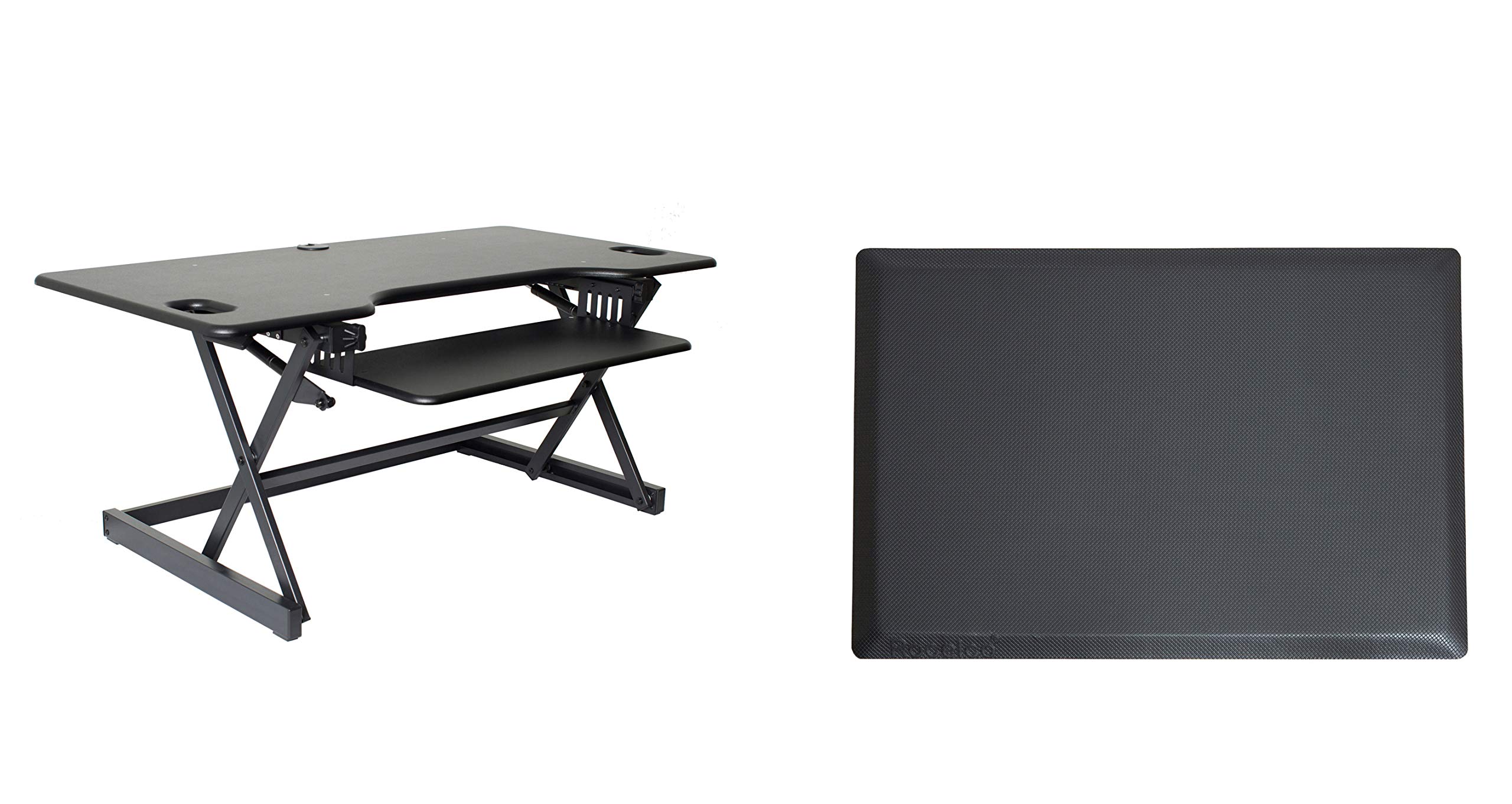 Rocelco 46" Large Height Adjustable Standing Desk Converter with Anti Fatigue Mat BUNDLE - Quick Sit Stand Up Triple Monitor Riser - Retractable Keyboard Tray - Black (R DADRB-46-MAFM)