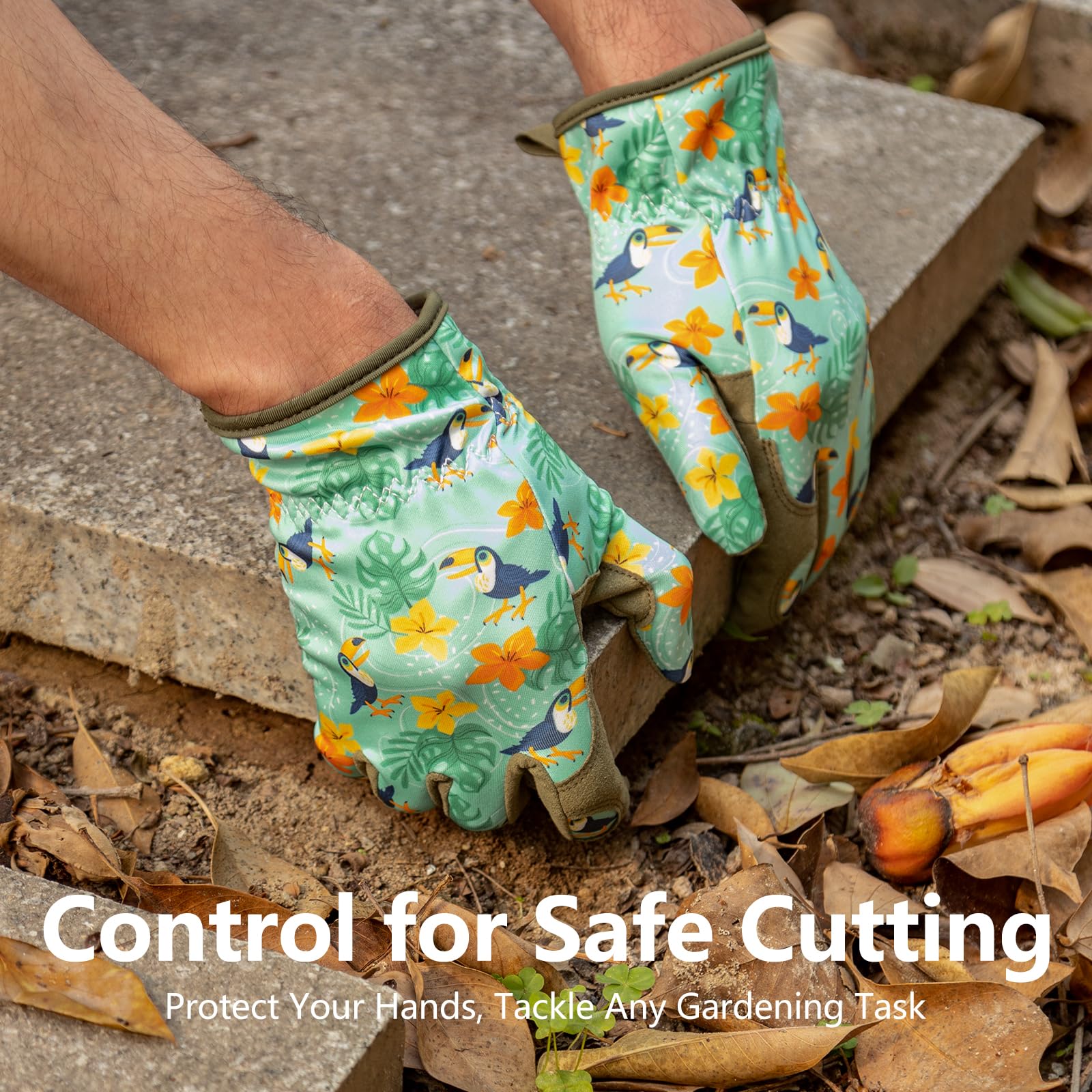 Guantes de jardinería para mujer, guantes de trabajo de cuero transpirable con puño de velcro, guantes a prueba de espinas para patio/jardín