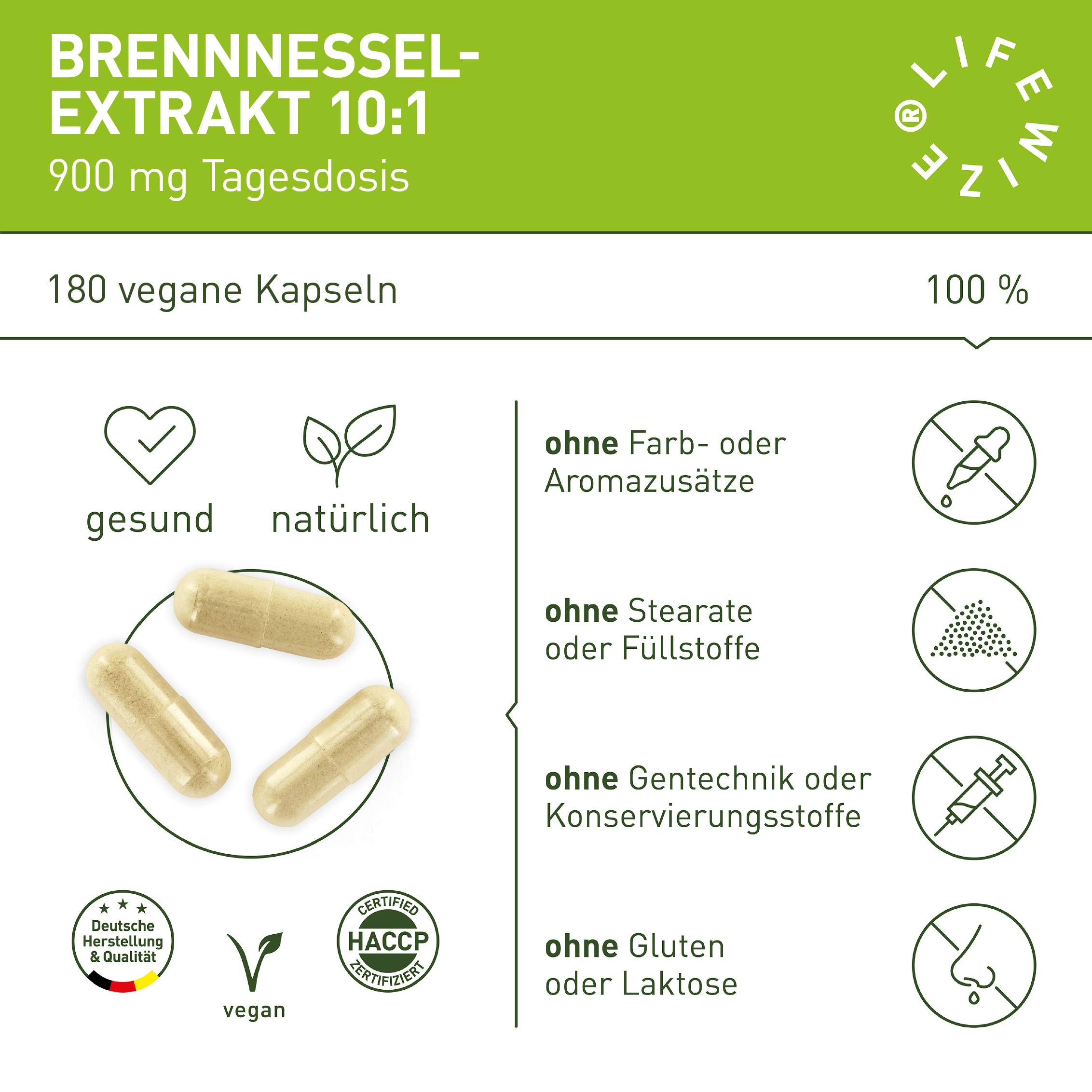 LifeWize® 180 Brennnessel Kapseln - Brennesselkapseln zur Entwässerung - 900mg reiner Brennessel Extrakt 10:1 (Verhältnis) je Tagesdosis - Vegane Alternative für Entwässerungstabletten - Laborgeprüft