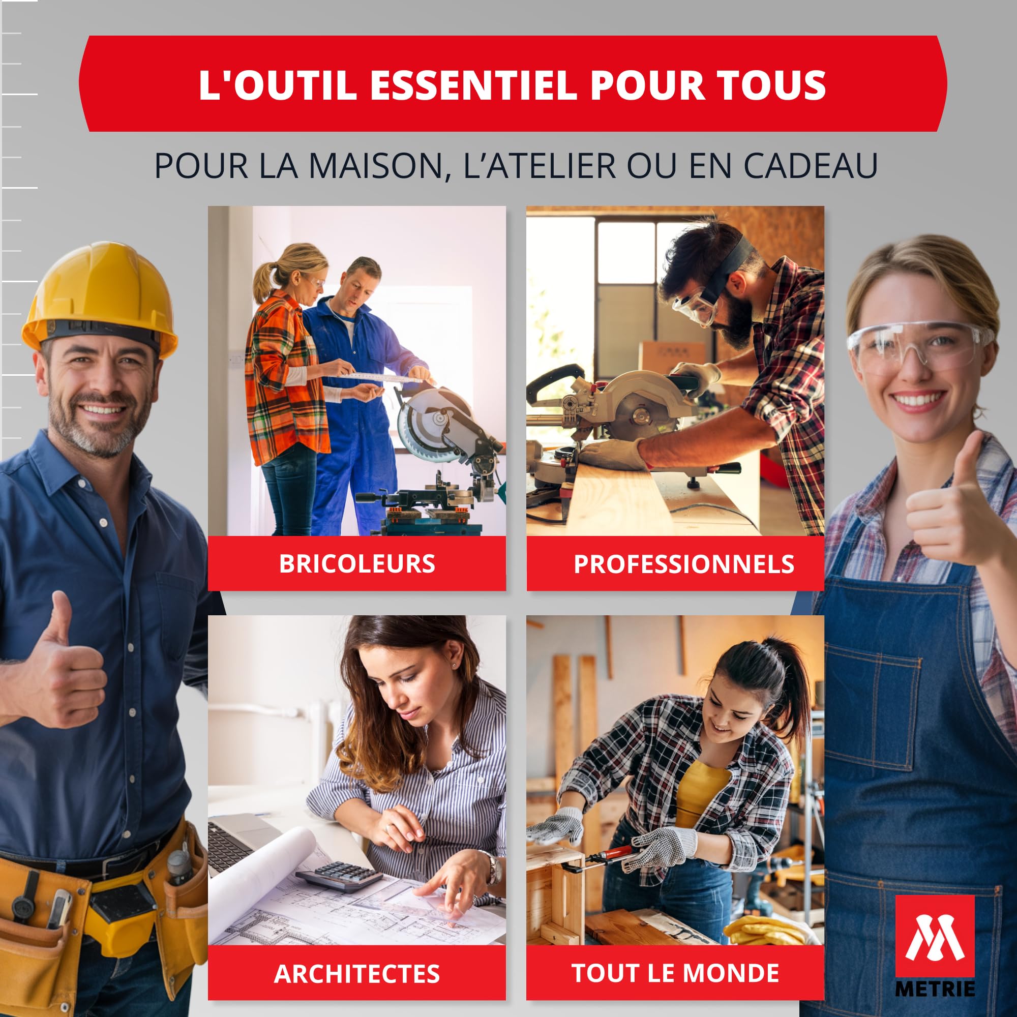 Metrie™ Mètre pliant PROFI 15 – Mètre en bois 3 m | Blanc | Bois laqué, articulations en acier – Échelle duplex, Fabriqué dans l’UE | Robuste et précis | CE Cl. III | 10 pièces