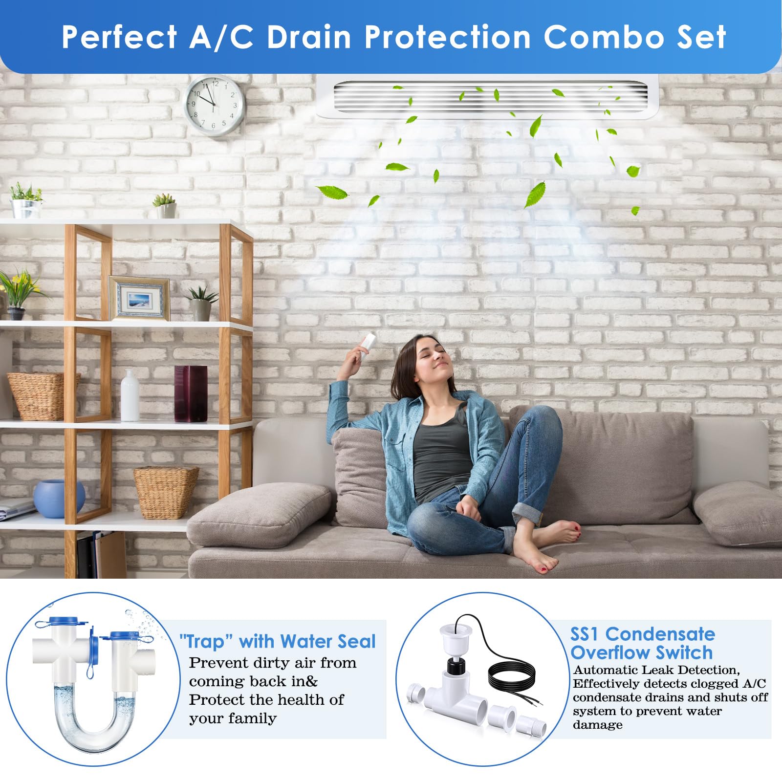 Trampa de condensado estándar de 3/4 pulgadas con cepillo de limpieza e interruptor de flotador de desbordamiento de condensado SS1 para sistemas HVAC, aire acondicionado