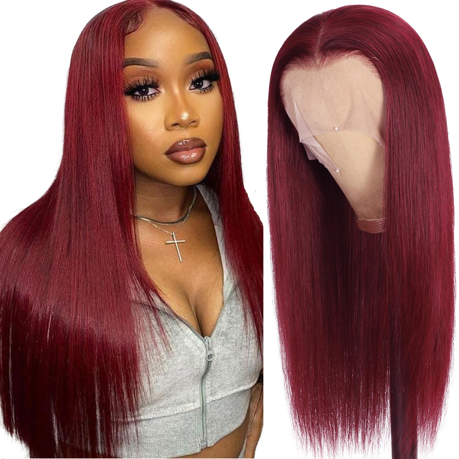 Rismale Hair 99J Burgundy Lace Front Wigs Human Hair 13x6.5 HD Burgundy Colored 250% Density Glueless Straight Wigs Human Hair Pre Plucked with Baby