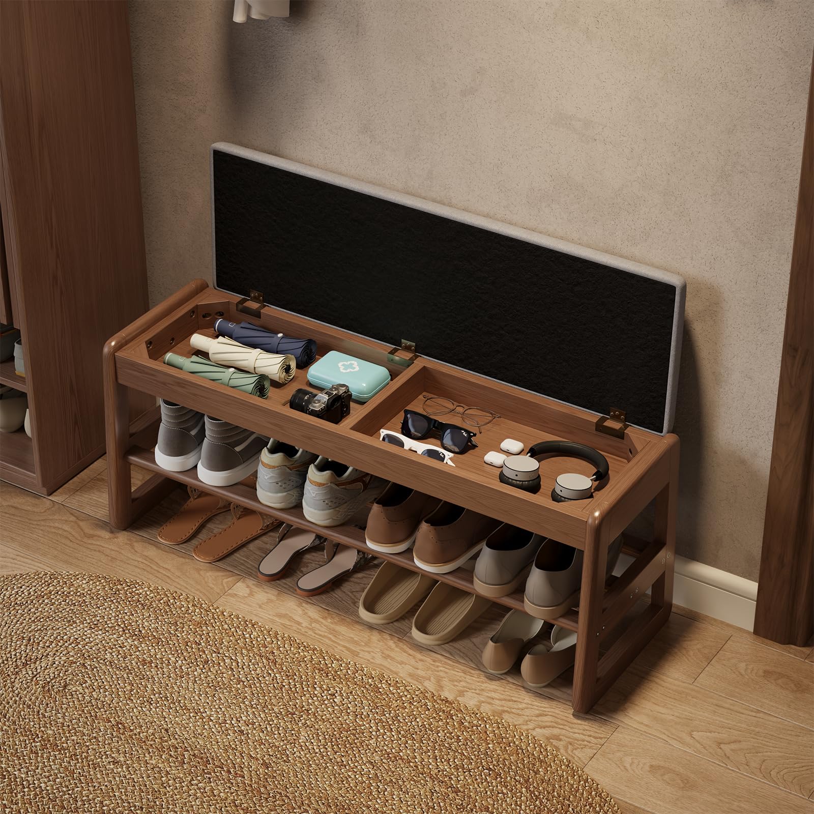 AQIMUELE Schuhregal Bank mit Kissen, 2 Ebenen, Schuhbank mit Klappdeckel, Schuhregal aus Holz für Eingang, Flur 100CM(Walnuss)