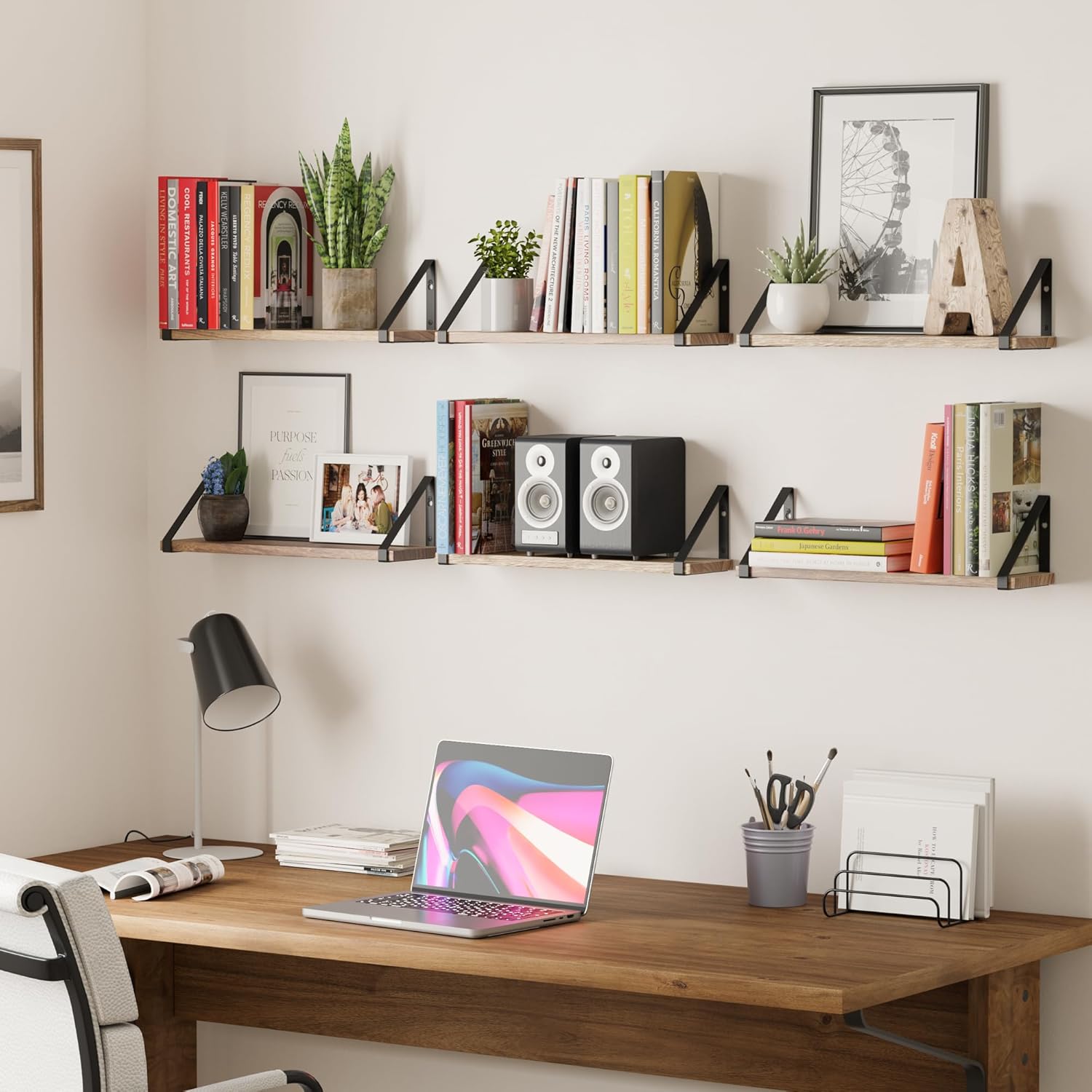 Wallniture Ponza 17'' x 4.5'' Floating Wall Shelf Bathroom, Small Wood Book Shelves for Wall Storage, Wall Mounted Shelf, Dining Room, Bedroom, Living Room, Office & Kitchen Organization, Burnt, 15pcs