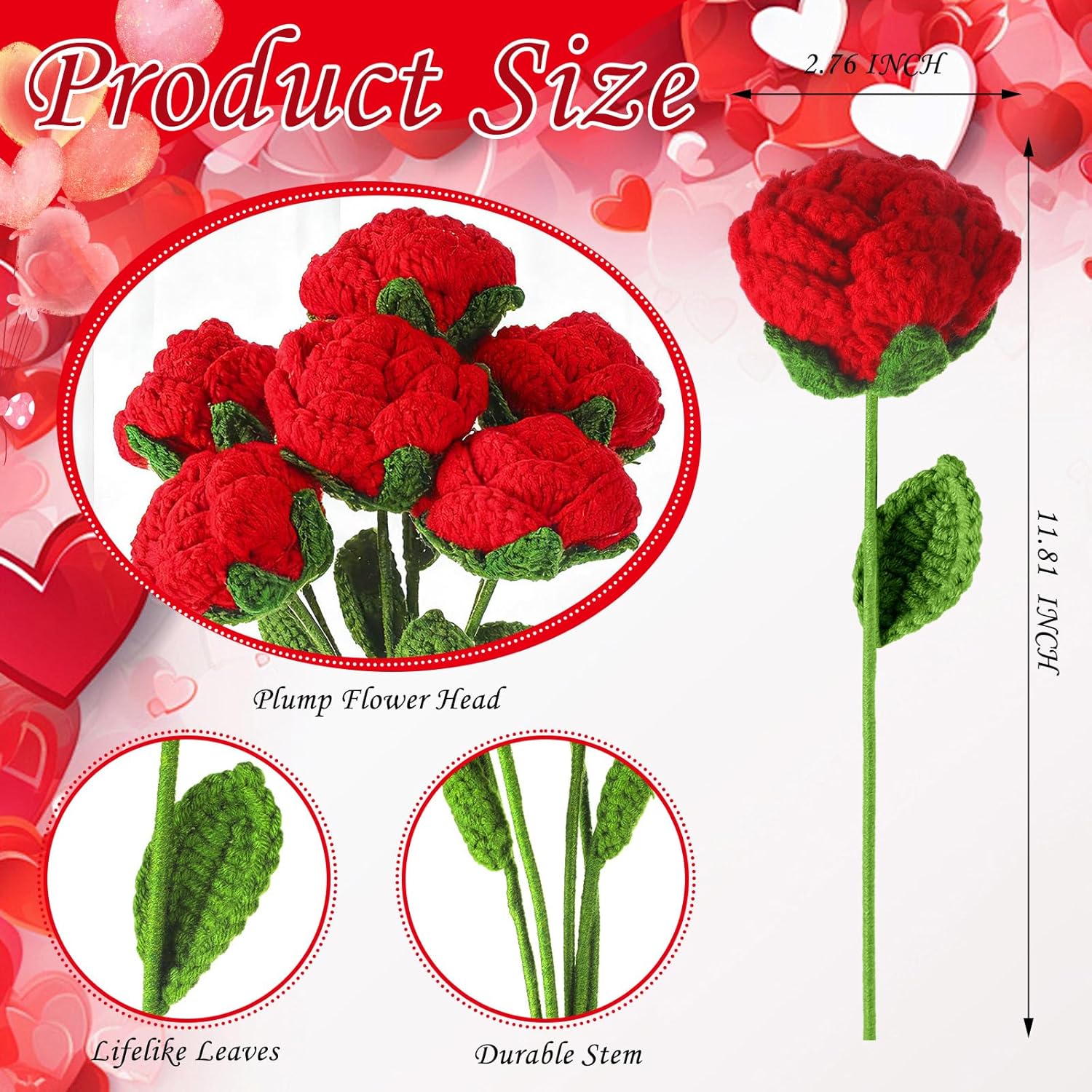 Daifunli 15 Pcs Valentine's Day Crochet Flowers Handmade Artificial Knitted Rose Bouquet Crochet Rose Appreciation Anniversary Birthday Gift for Women Mother Wife Valentines Home Decor (Red)
