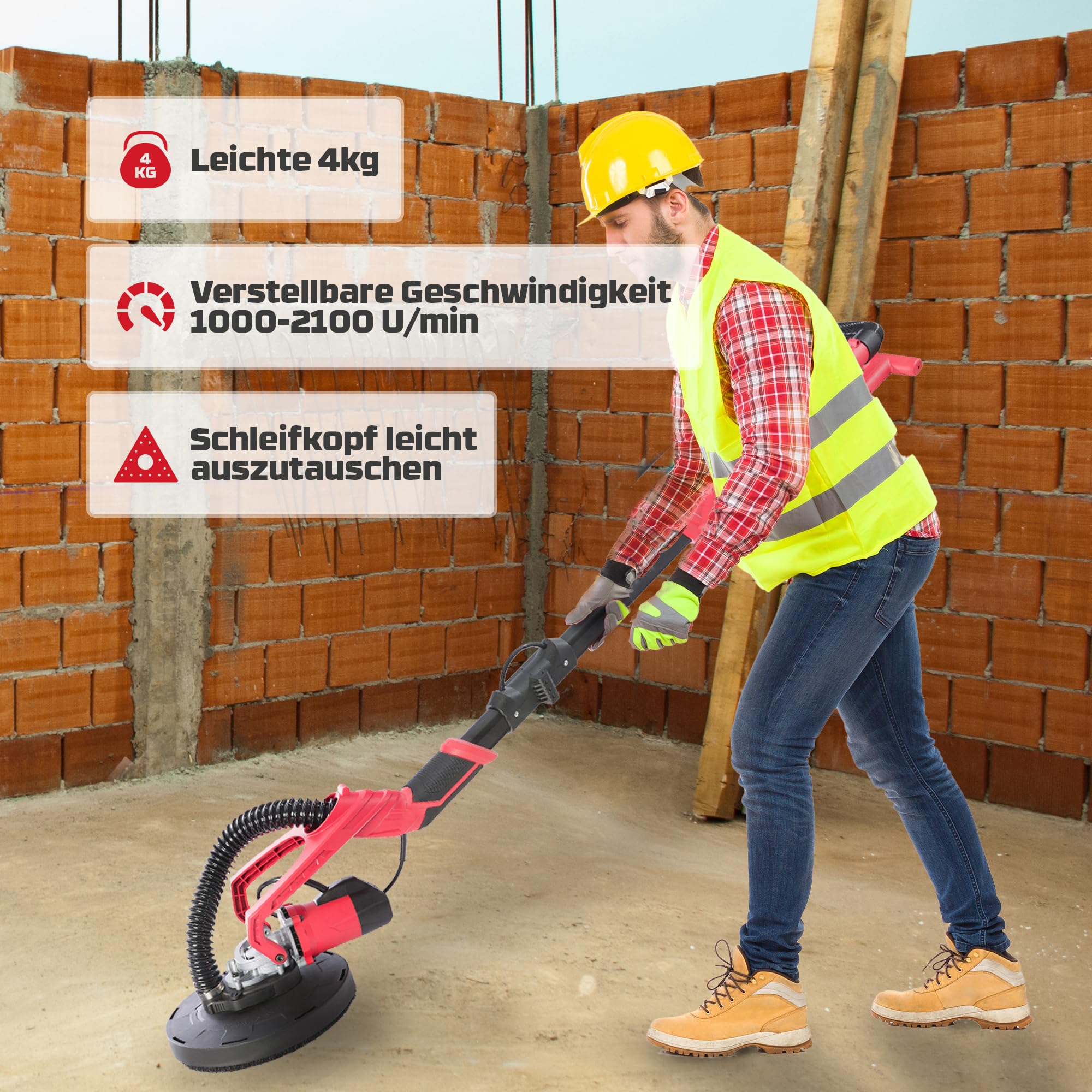 Arebos Trockenbauschleifer 710W | Langhalsschleifer mit Dual-Pad Schleifkopf Ø225mm | Teleskopstange, Absaugsystem, Schwenkbarer Kopf | inkl. 12 Schleifscheiben & Koffer